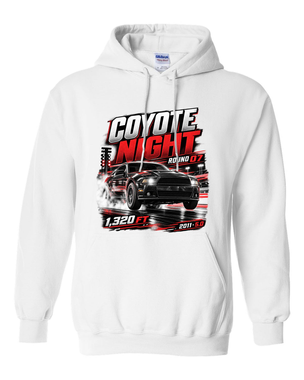 Night race poster print of a 2011 Ford Mustang S197 GT 5.0 white pull over hoodie front view with the design