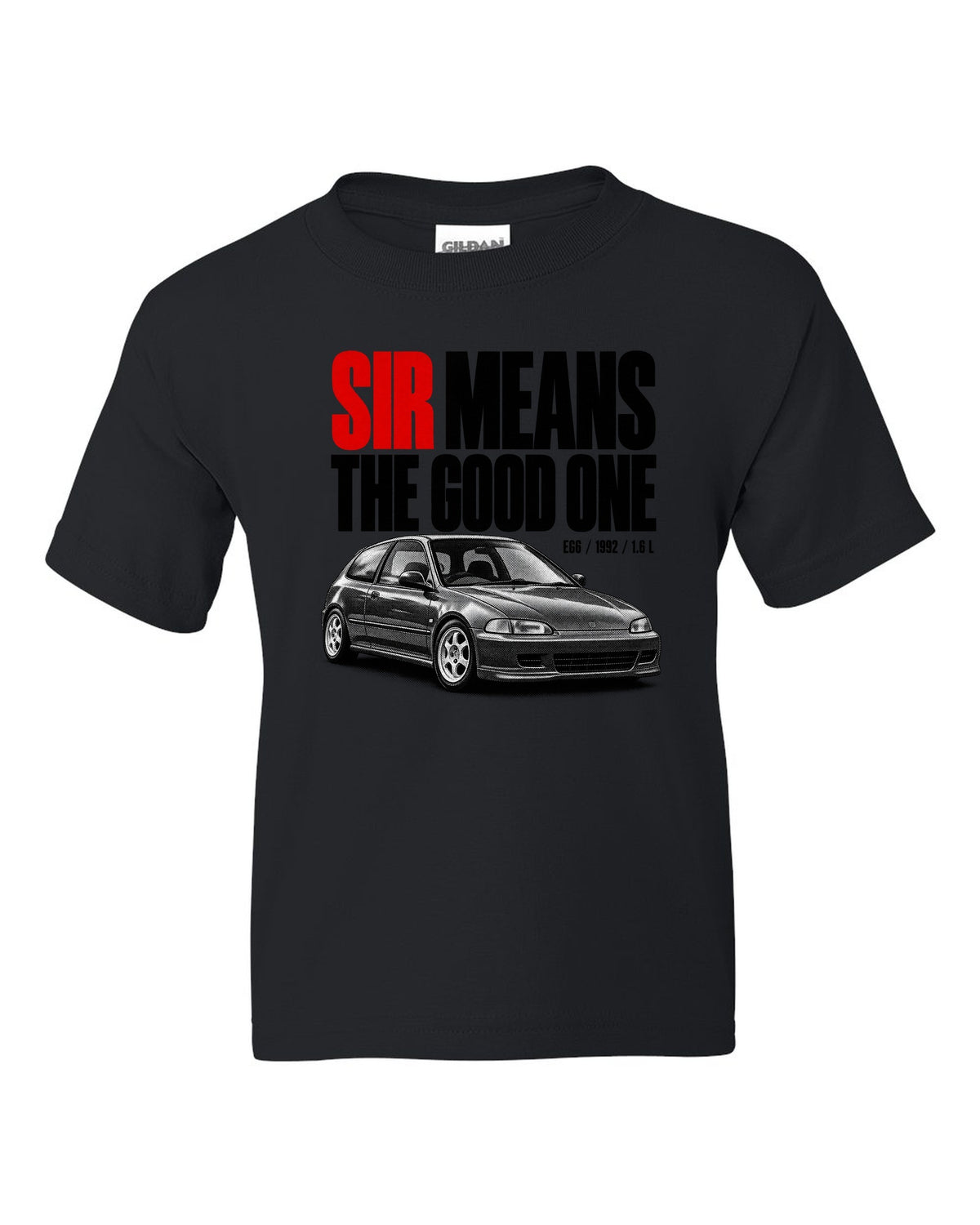 Halftone print of a 1992 Honda Civic EG6 SiR chback with SiR text black kids tee front view with the design