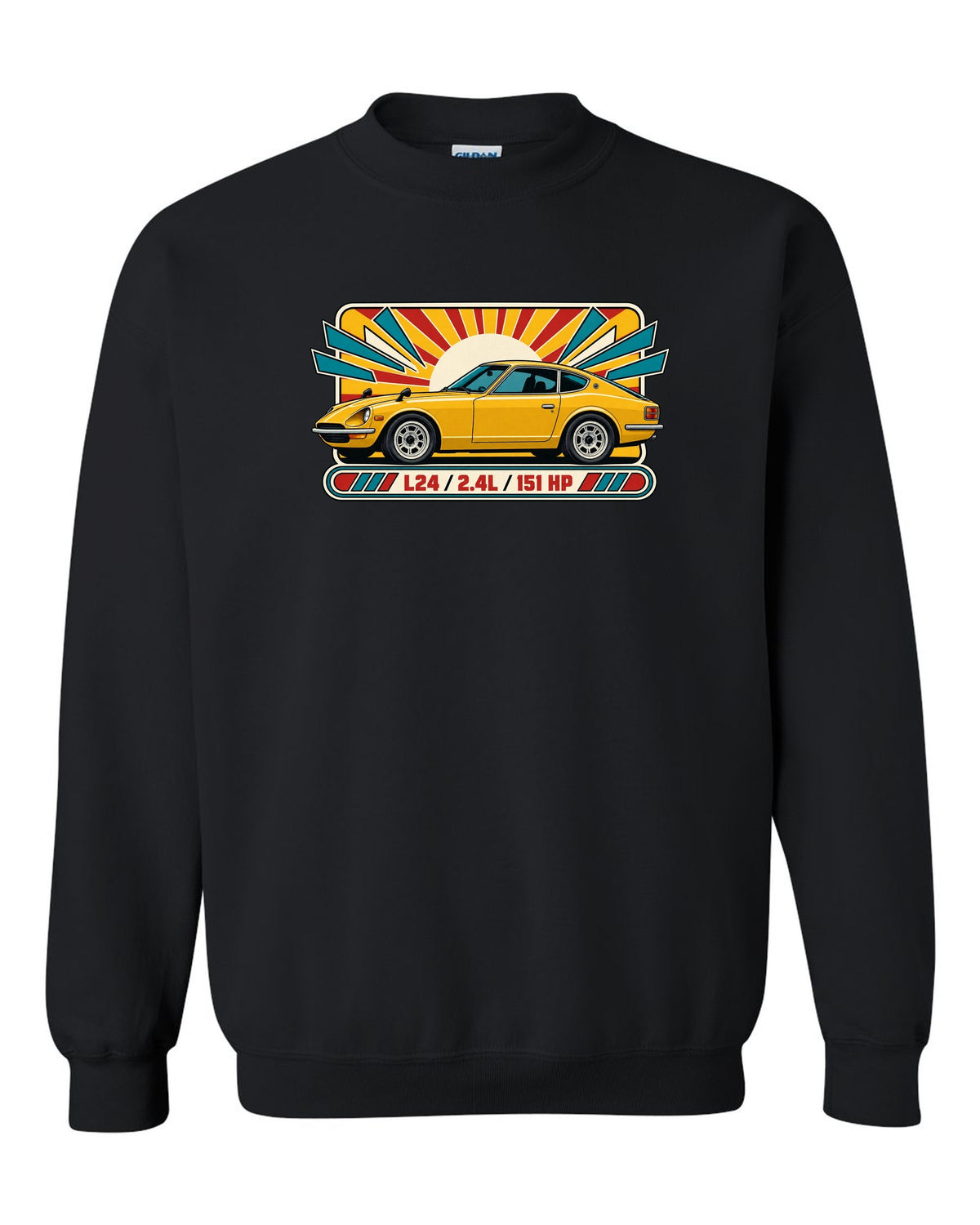 Retro 1970s catalogue ad print of the Datsun 240Z S30 with L24 2.4L 151 HP lettering black crewneck front view with the design