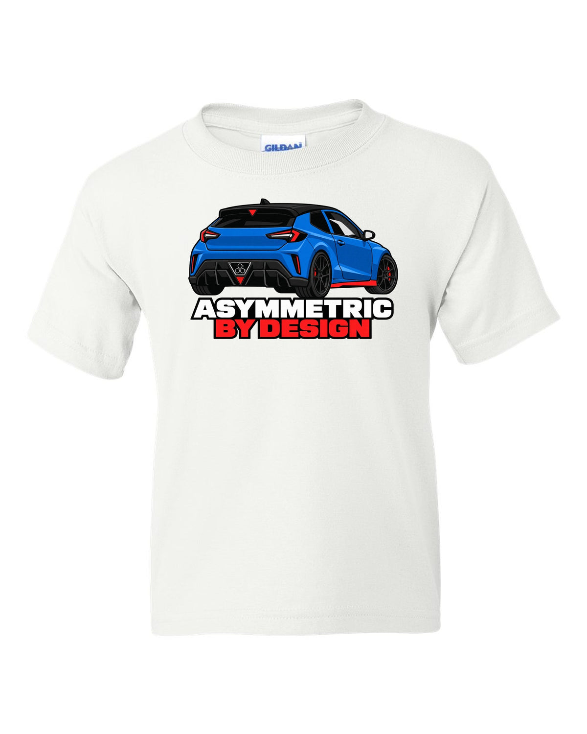 Hyundai Veloster N JS flat vector rear three-quarter print with asymmetric by design text white kids tee front view with the design