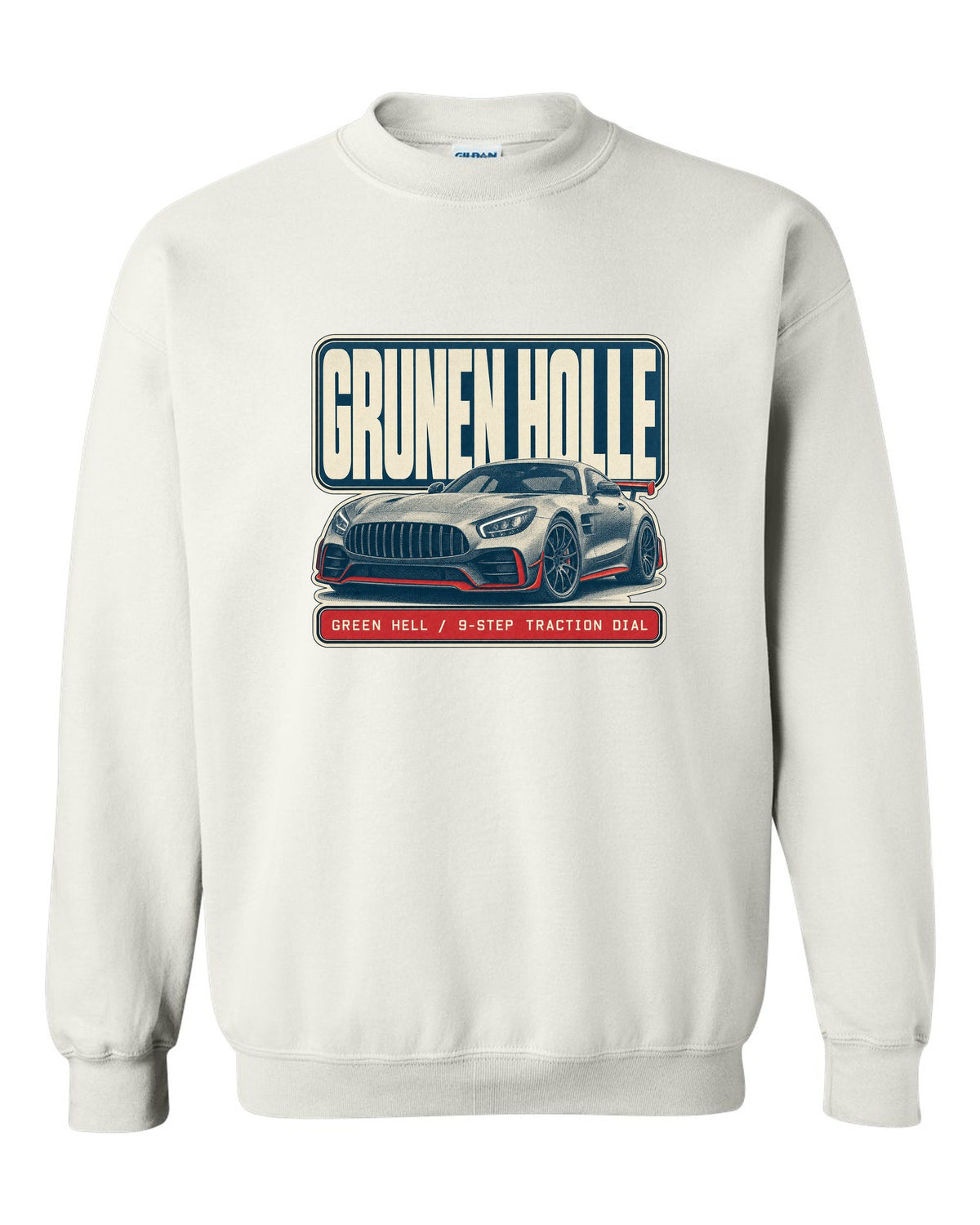 Mercedes-AMG GT R C190 halftone Green Hell print white crewneck front view with the design