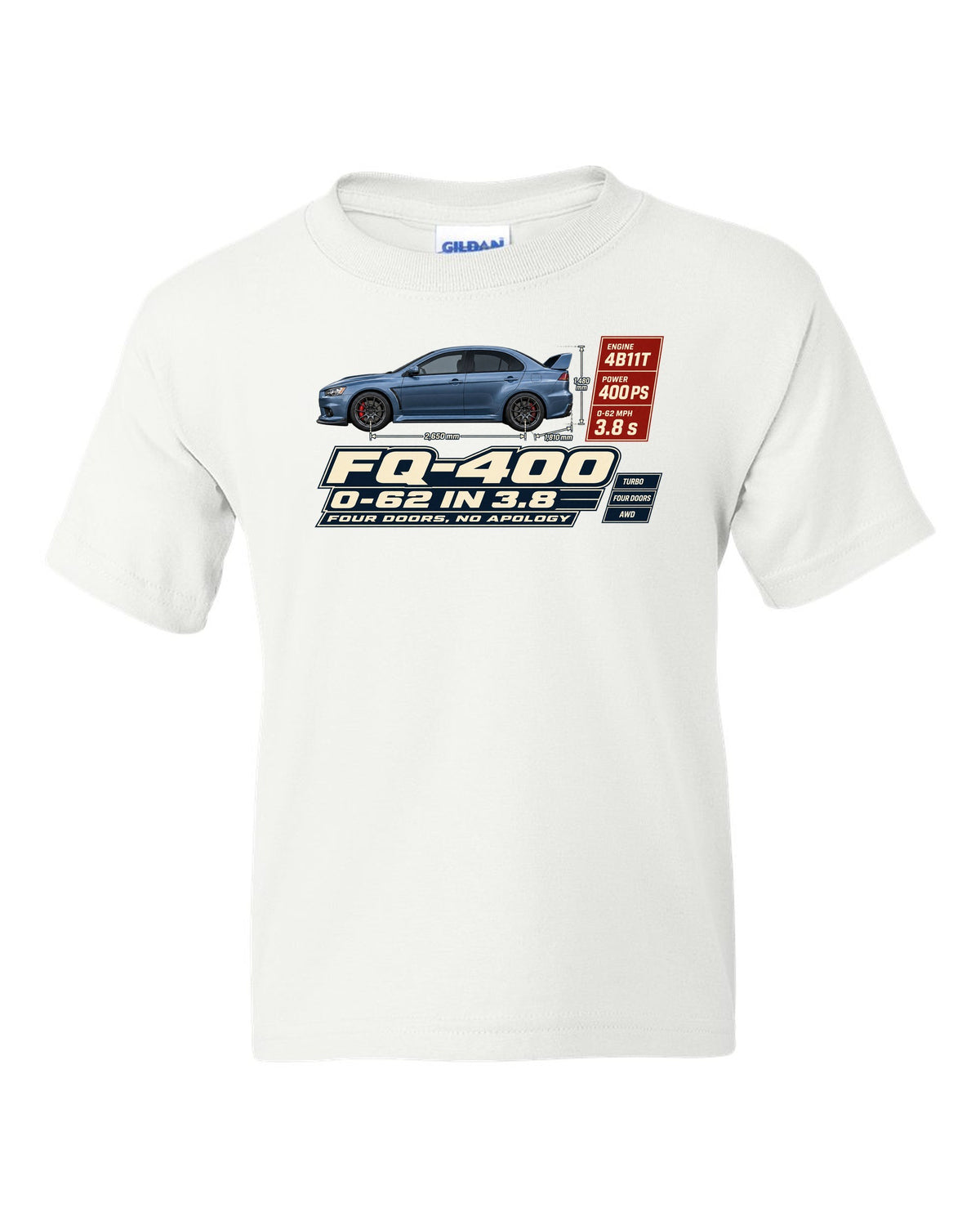 Evo X FQ-400 Spec Poster Tee, 0-62 in 3.8, Four Doors white kids tee front view with the design