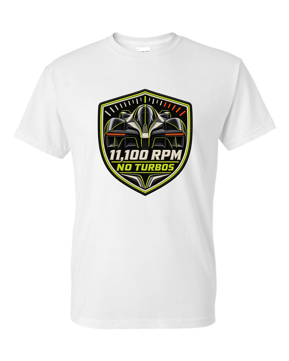 Embroidery-style varsity print for the Aston Martin Valkyrie with 11,100 rpm and no turbos lettering white t-shirt front view with the design
