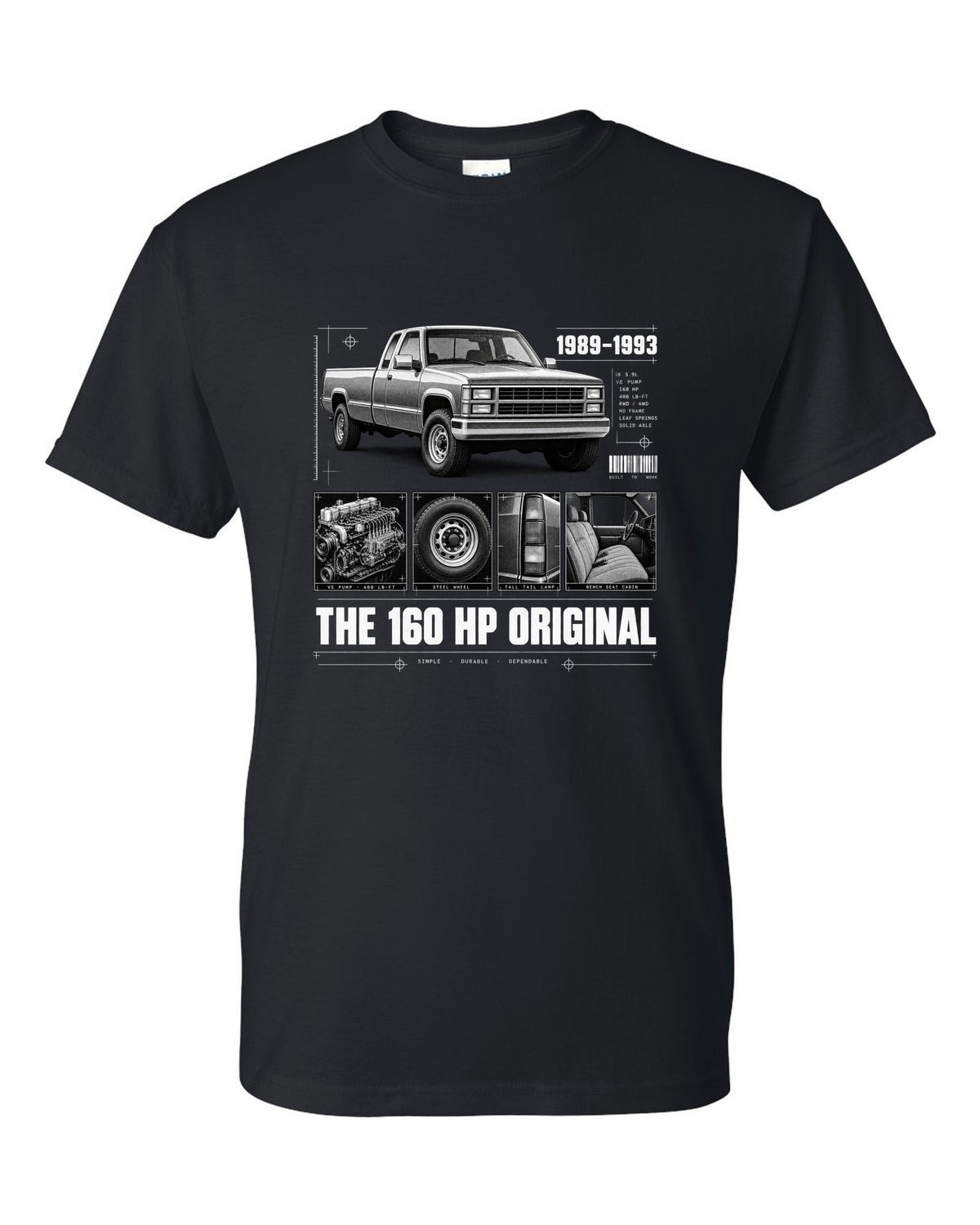 Dossier print of a 1989-93 Dodge D250 1st gen Cummins with VE pump and torque figures black t-shirt front view with the design