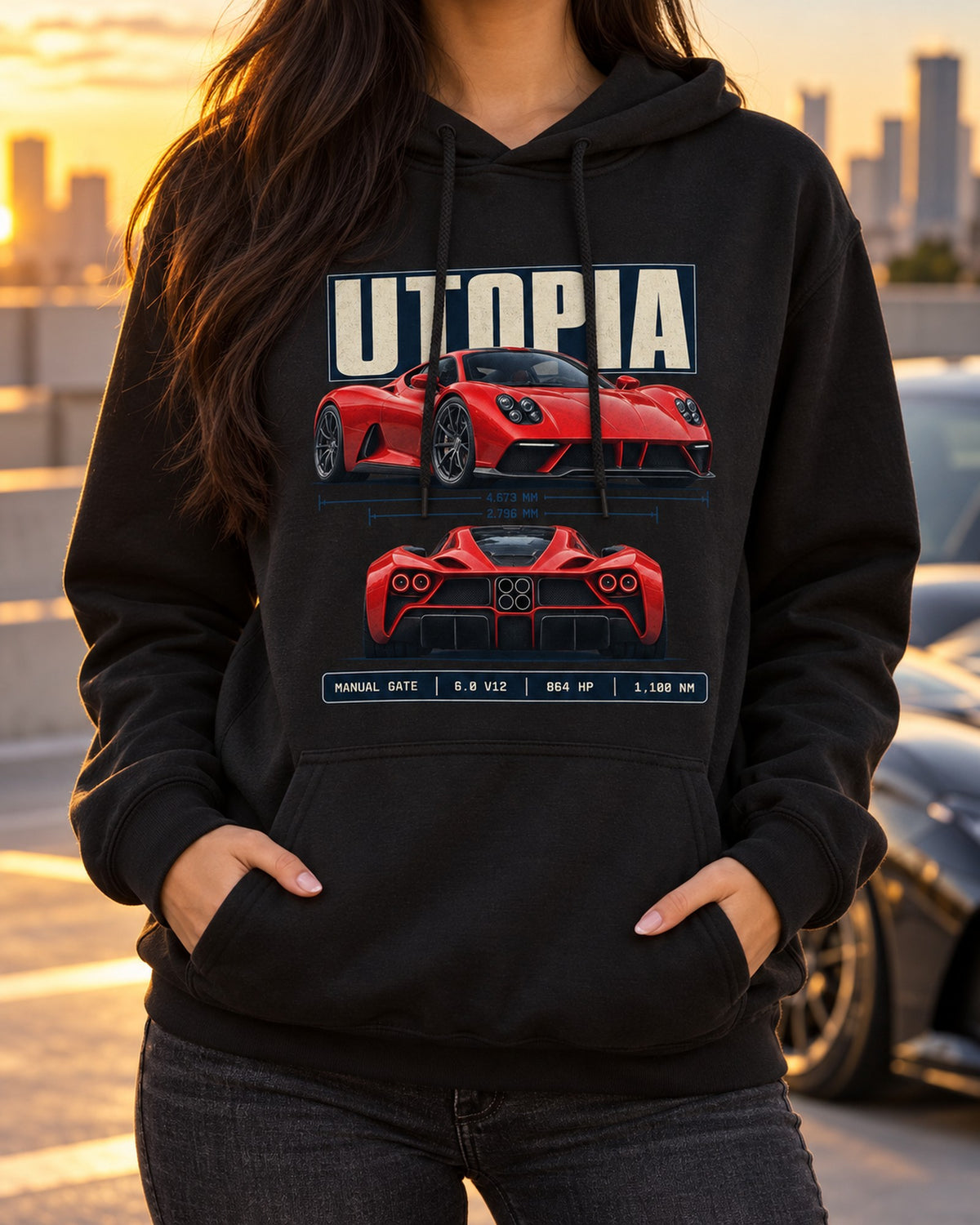 Pagani Utopia Spec Poster Shirt, Manual Gate V12 Tee Pull Over Hoodie Black worn hero