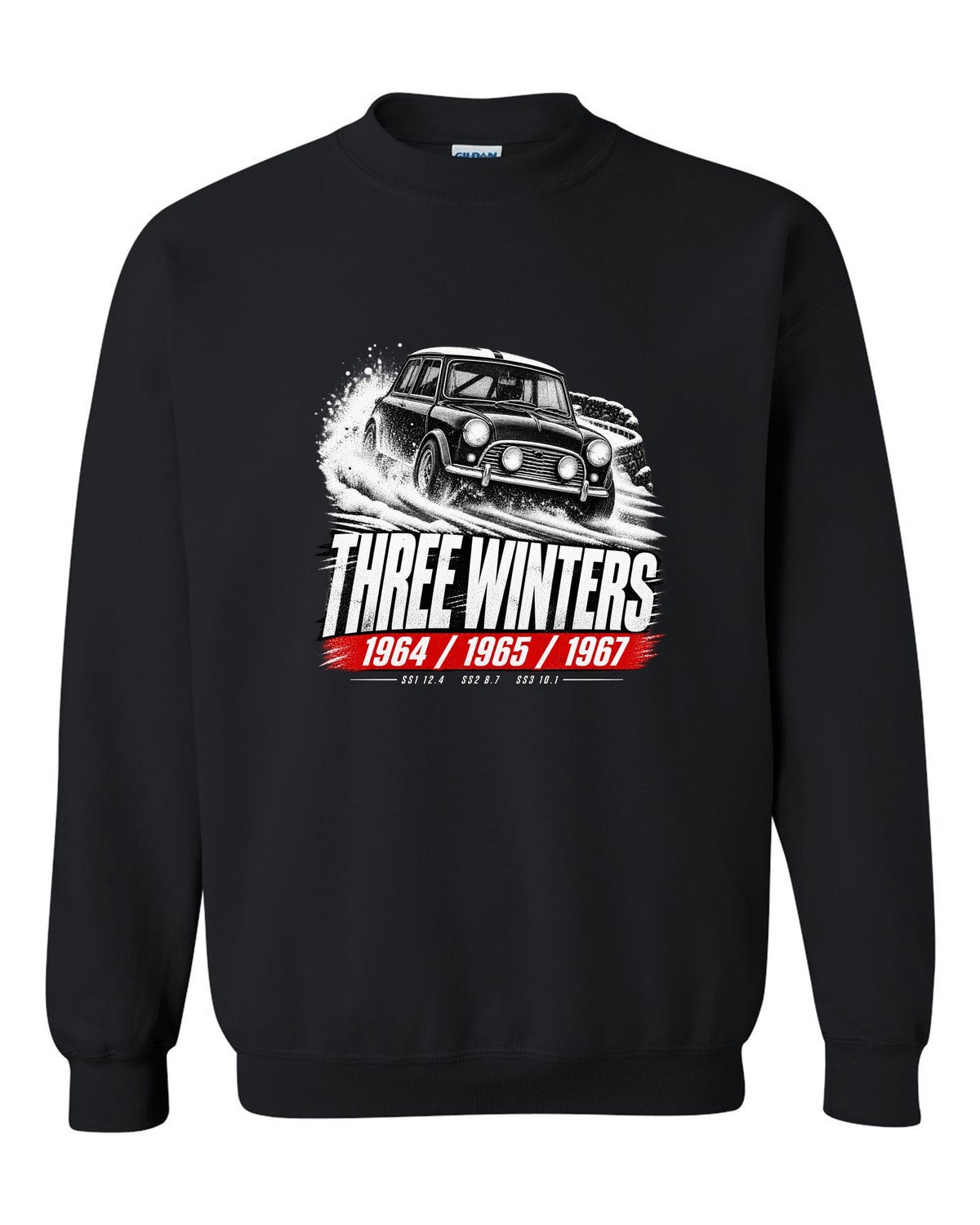 Race poster print of a 1964 Classic Mini Cooper S Mk I rally car with three winters text black crewneck front view with the design