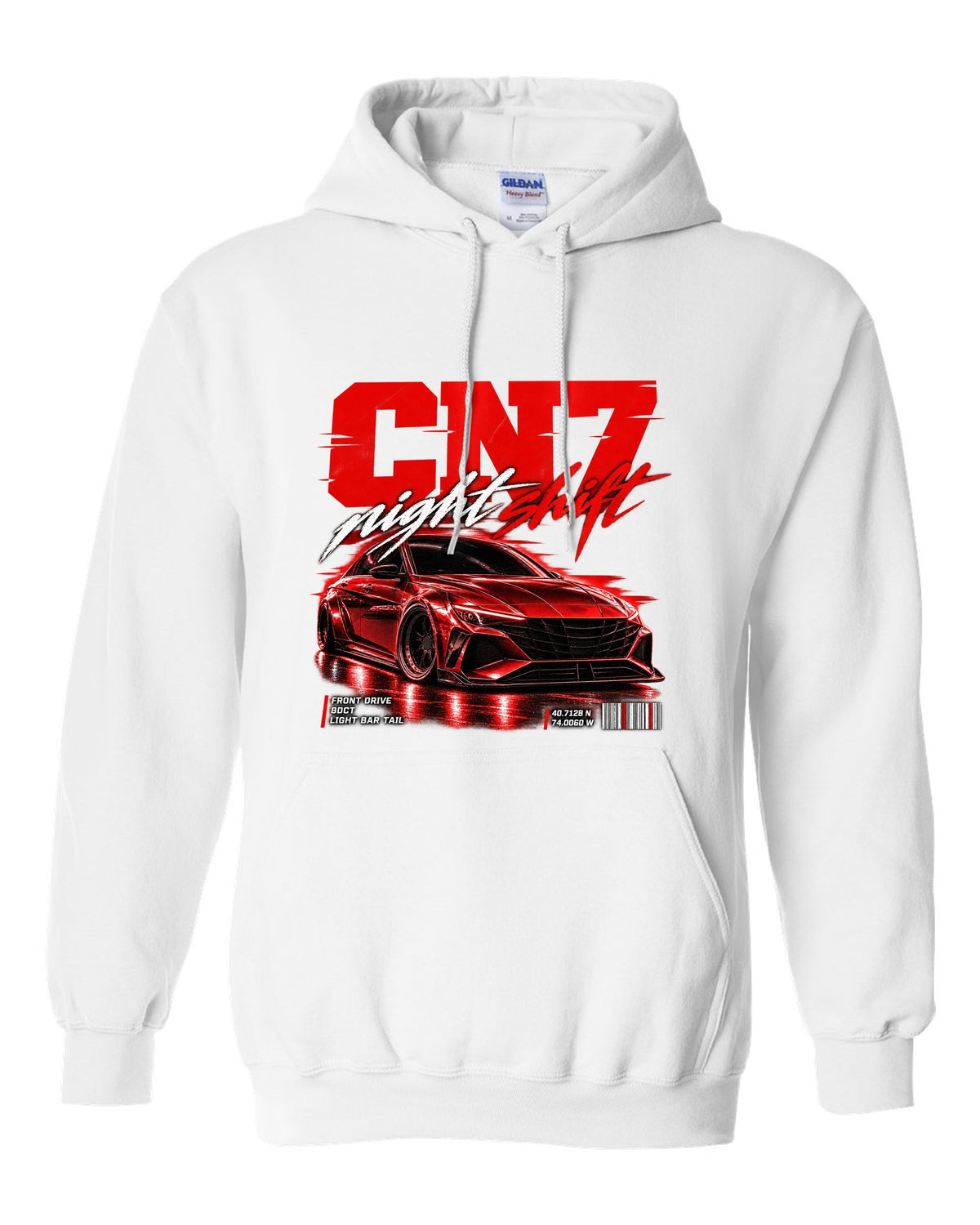 Hyundai Elantra N CN7 street poster print with night shift text and coordinates white pull over hoodie front view with the design