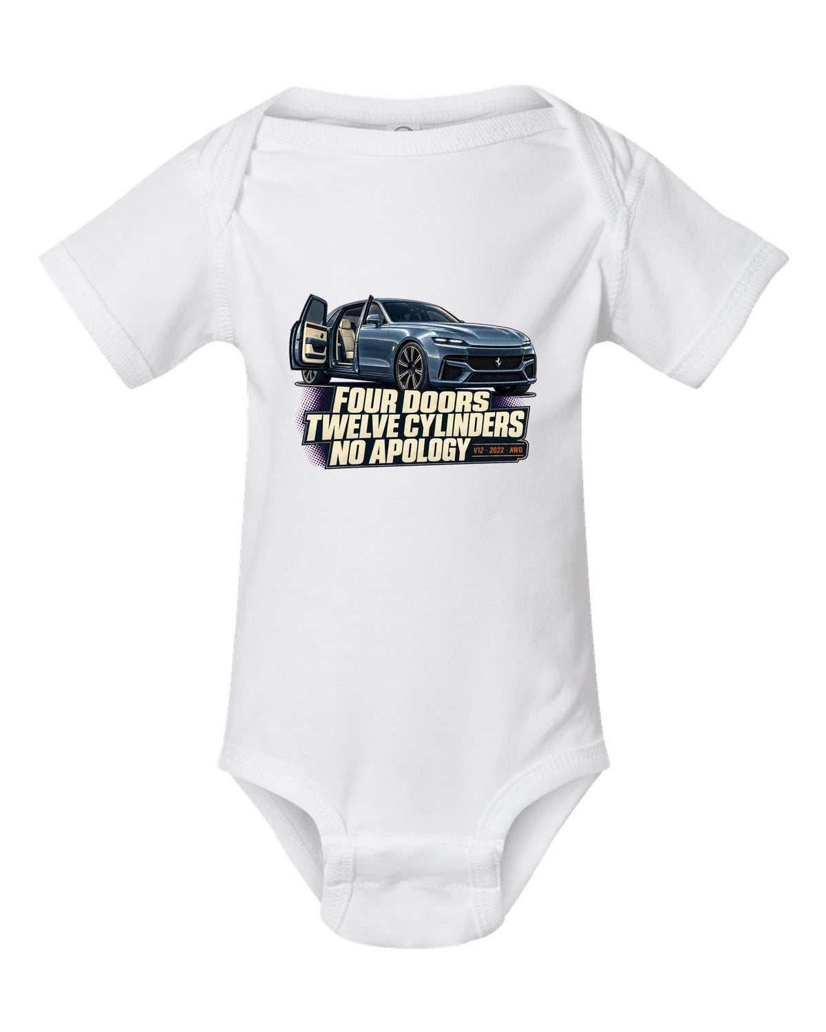 Editorial headline print of the Ferrari Purosangue on a tee white baby onesie front view with the design