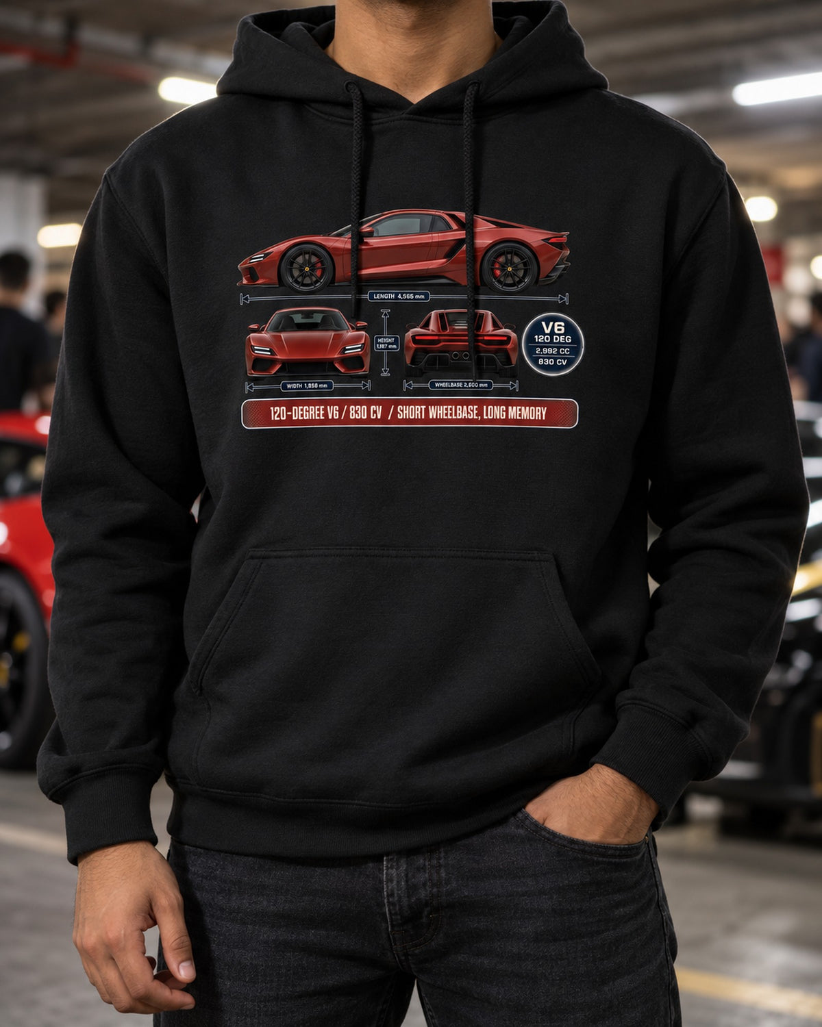 Ferrari 296 GTB Three-View Spec Table Tee, V6 Car Guy Shirt Pull Over Hoodie Black worn hero