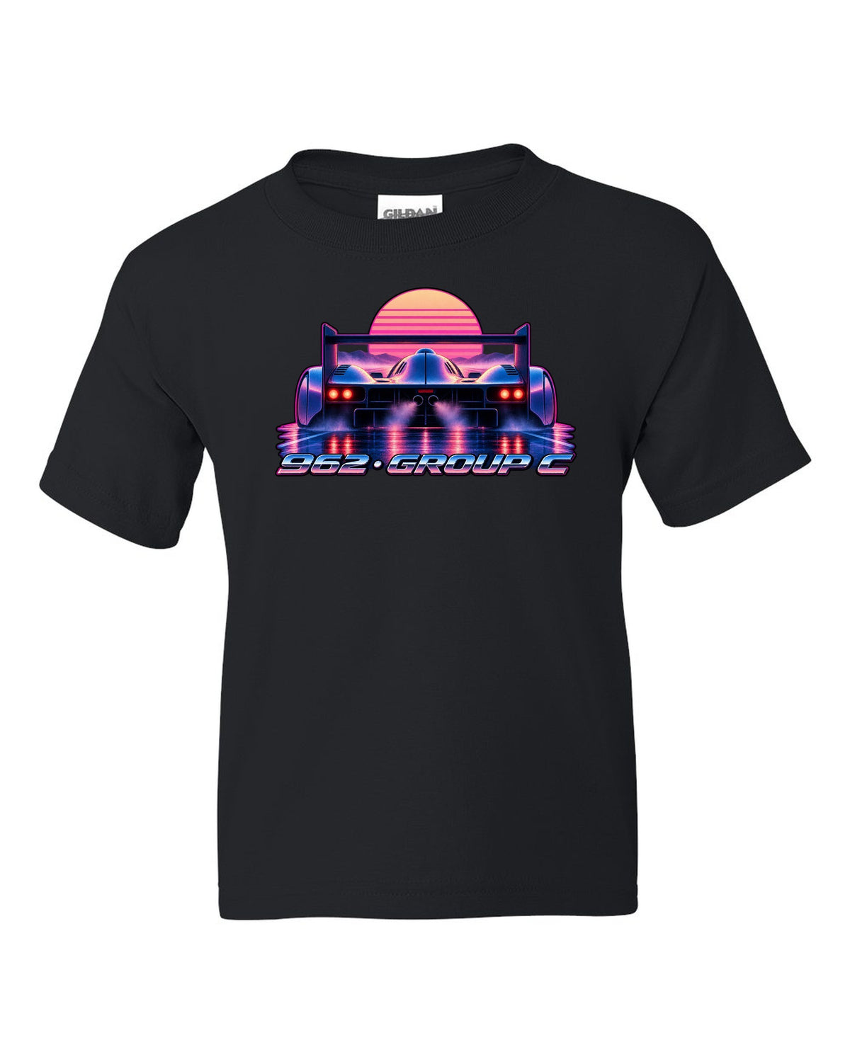 Synthwave gradient print of a Porsche 962 Group C long tail in dawn mist black kids tee front view with the design