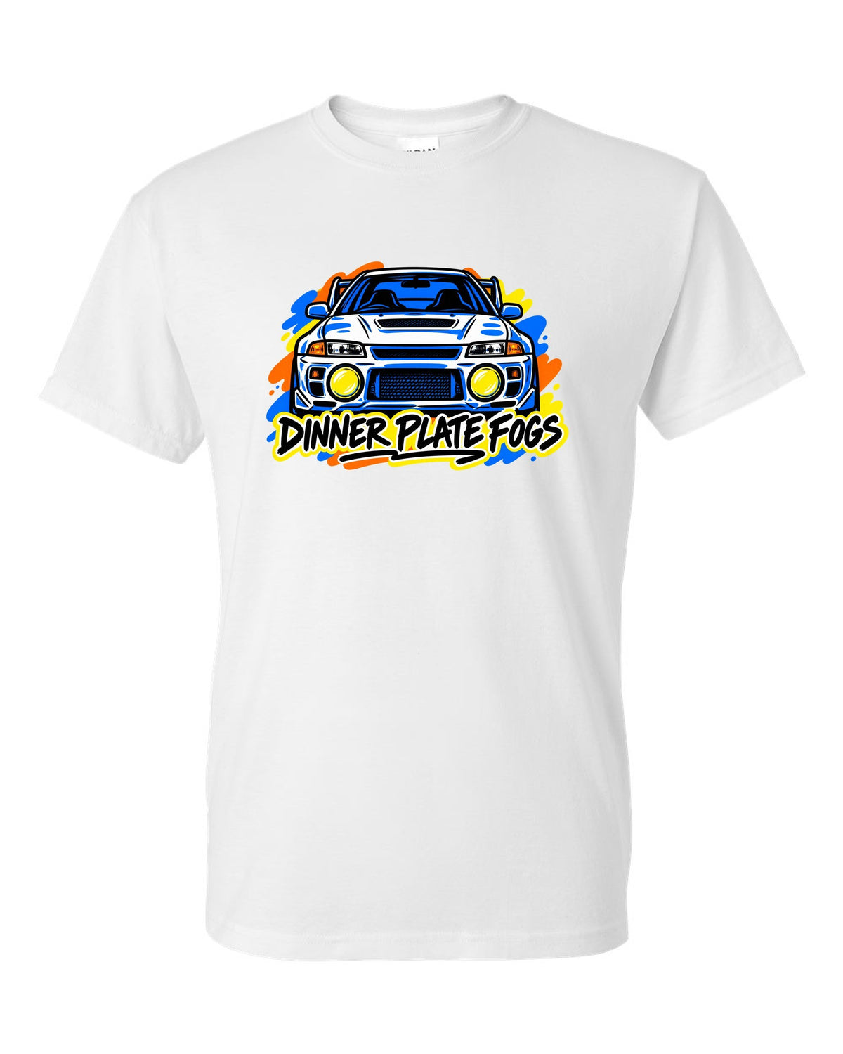 Mitsubishi Lancer Evolution IV CN9A mono-line sketch, DINNER PLATE FOGS white t-shirt front view with the design