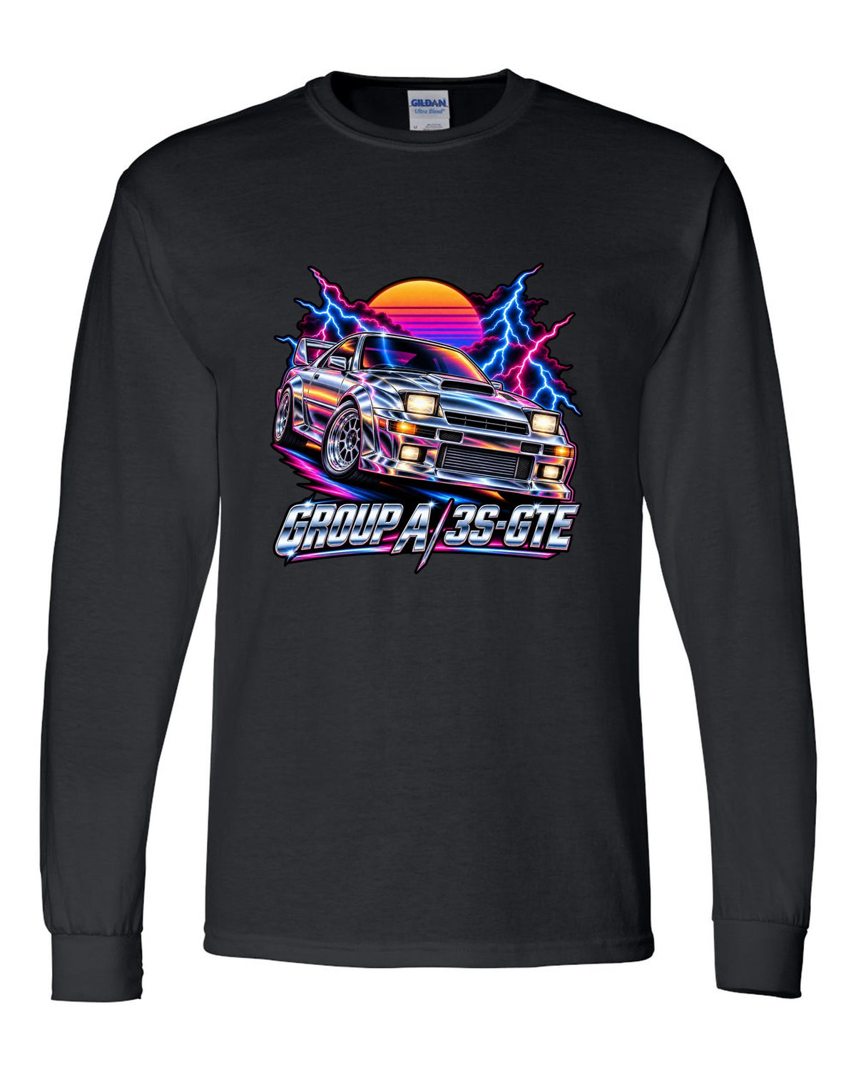 80s airbrush chrome illustration of a Toyota Celica GT-Four ST185 with Group A 3S-GTE lettering black long sleeve front view with the design