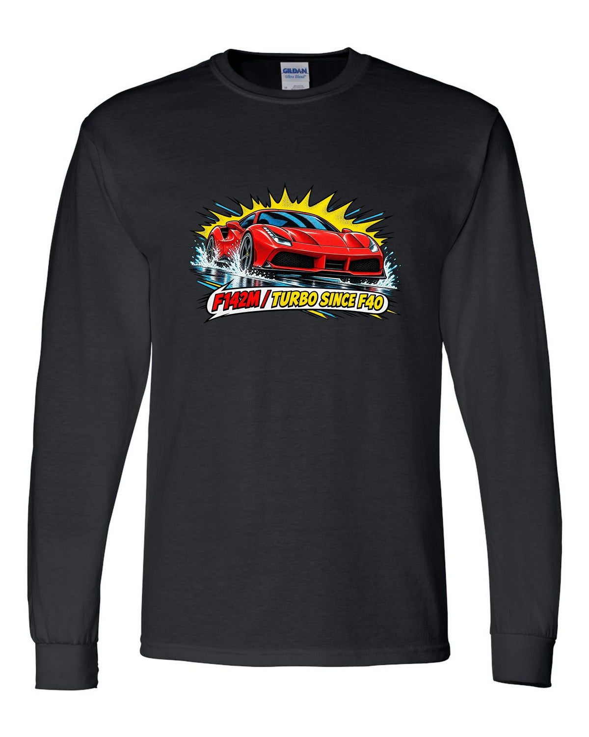 Comic halftone pop-art print of the Ferrari 488 GTB F142M with the text F142M, turbo since F40 black long sleeve front view with the design