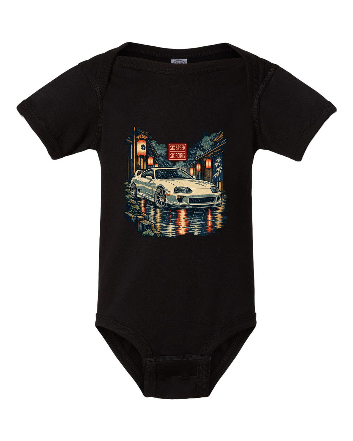 Ukiyo-e woodblock scene of a Toyota Supra A80 JZA80 in lantern rain with six speed six figures text black baby onesie front view with the design