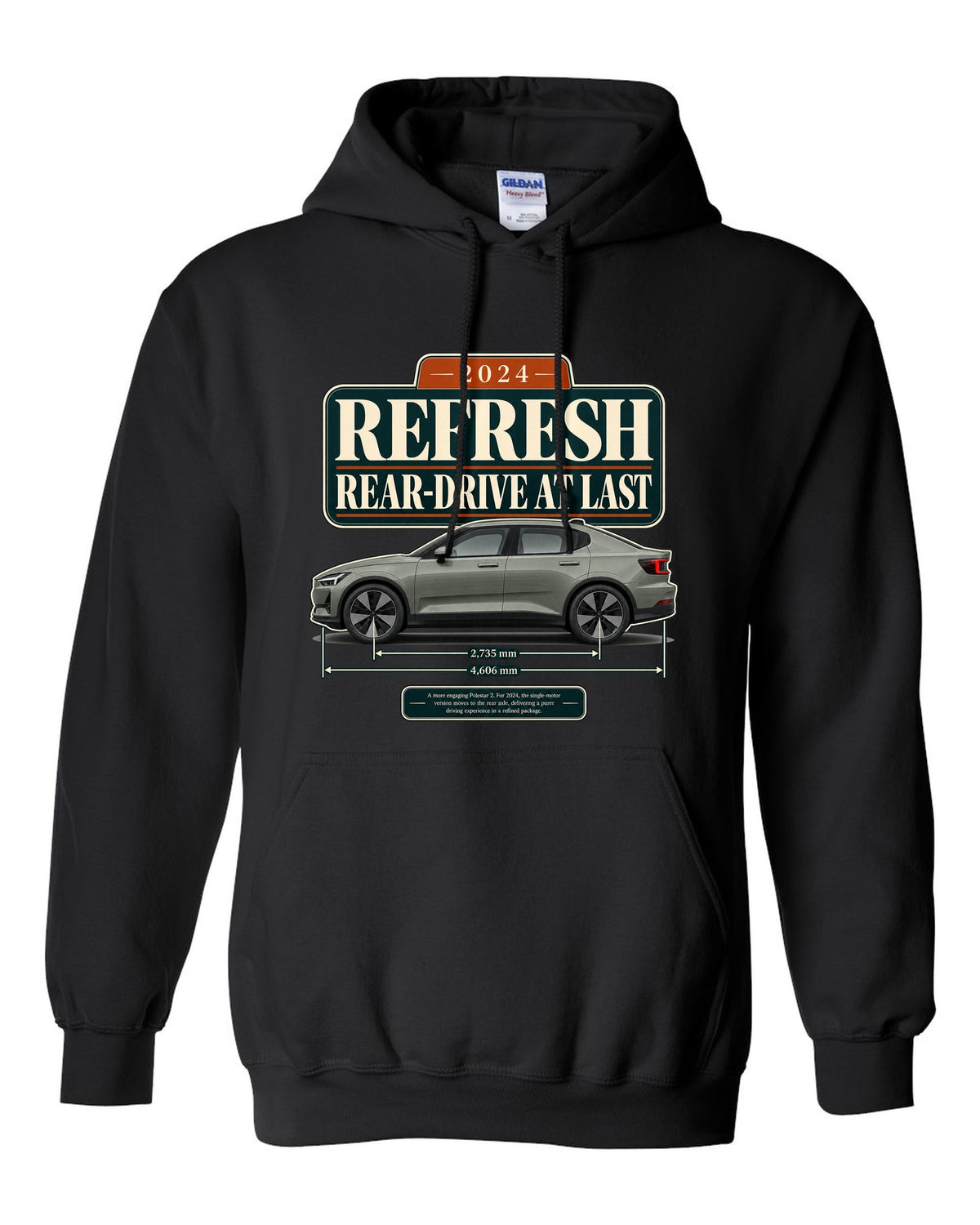 Polestar 2 2024 refresh editorial headline print on a shirt black pull over hoodie front view with the design