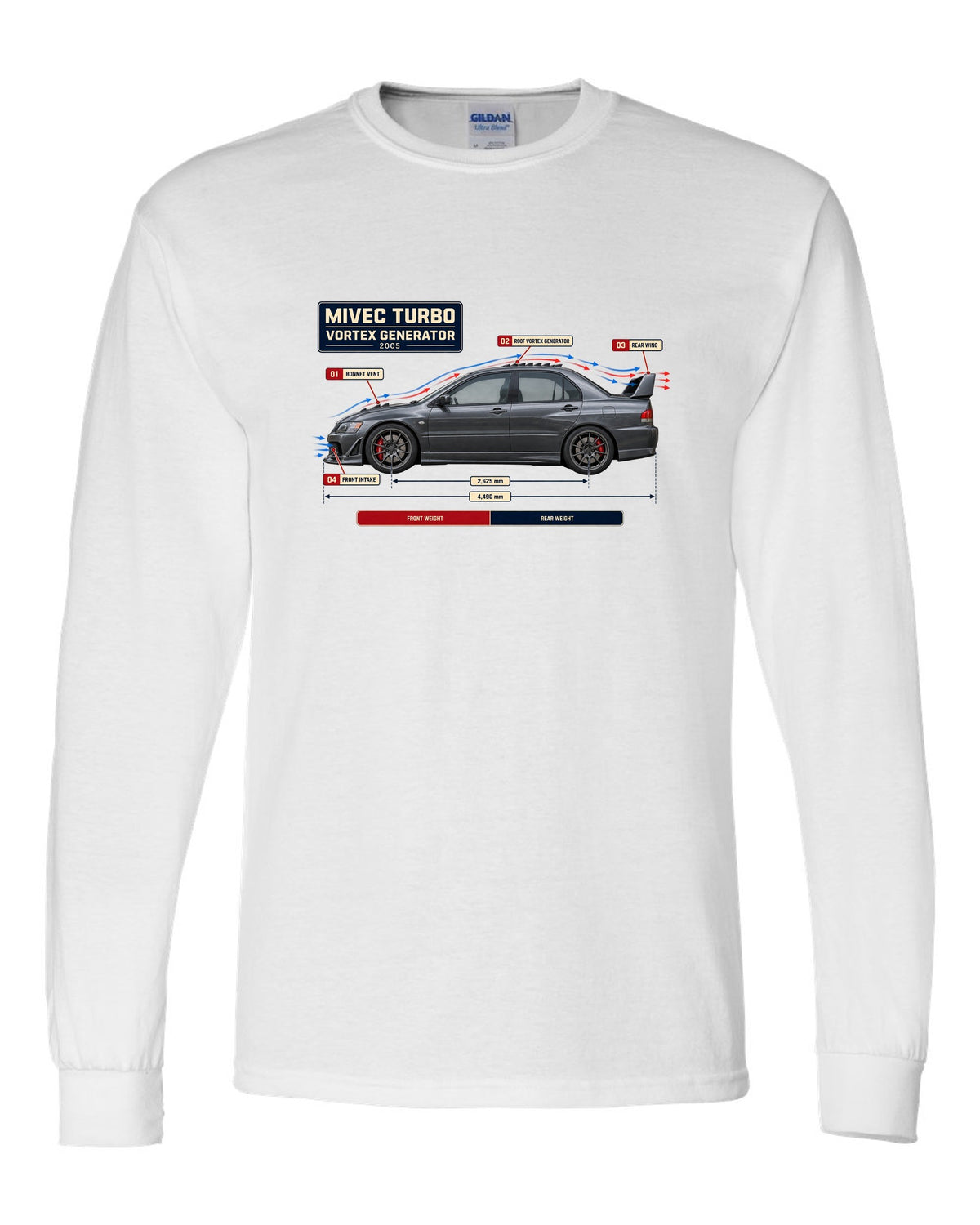 Lancer Evolution IX Aero Callout Diagram Tee, MIVEC Turbo white long sleeve front view with the design