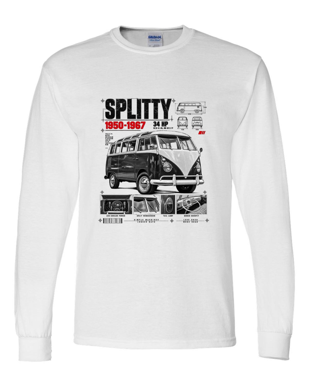 Dossier panel print of a 1962 VW T1 split-window Kombi with spec text white long sleeve front view with the design