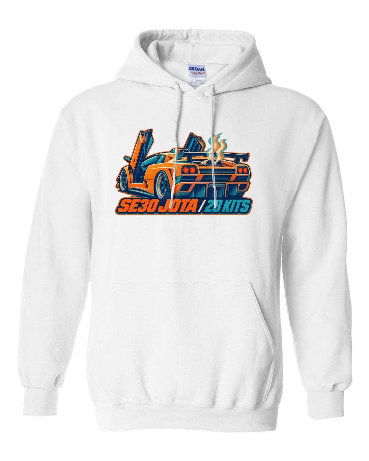 Risograph spot-colour print of a 1995 Lamborghini Diablo SE30 Jota with 28 kits lettering white pull over hoodie front view with the design