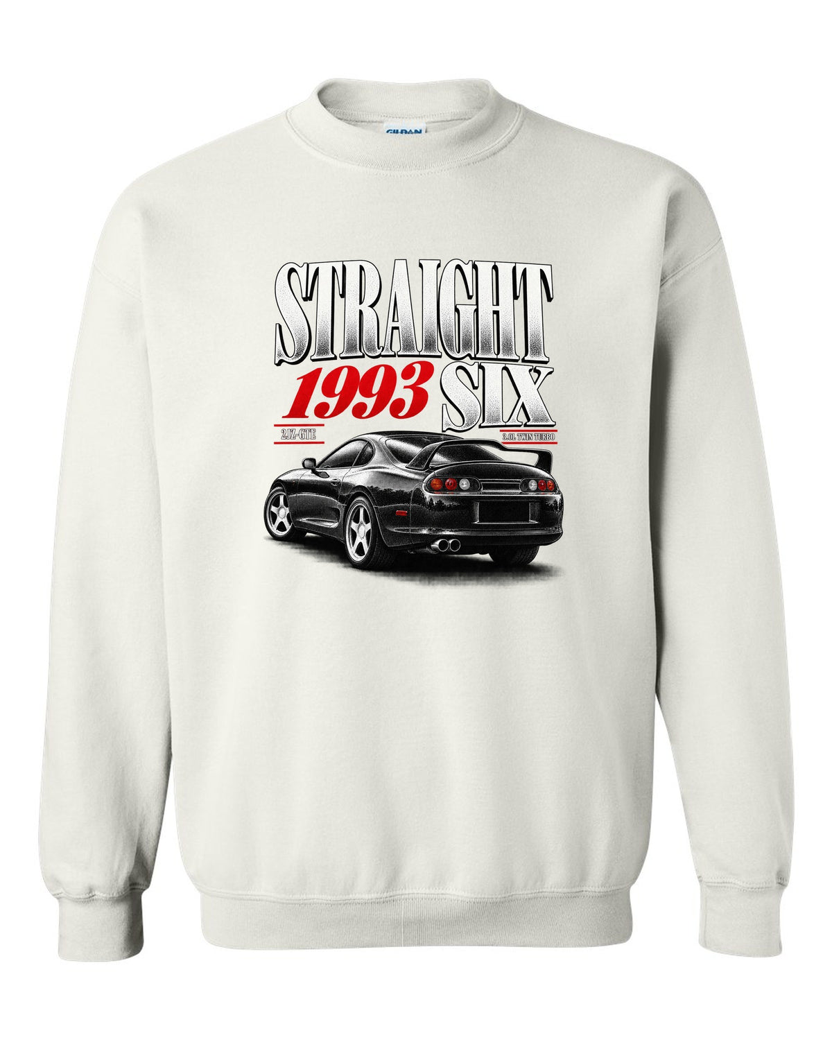 print of a Toyota Supra A80 JZA80 with straight six editorial headline and 2JZ-GTE twin turbo text white crewneck front view with the design