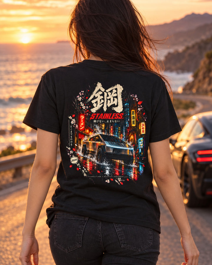 Tesla Cybertruck Stainless Shirt, Hoodie & More T-Shirt Black worn hero