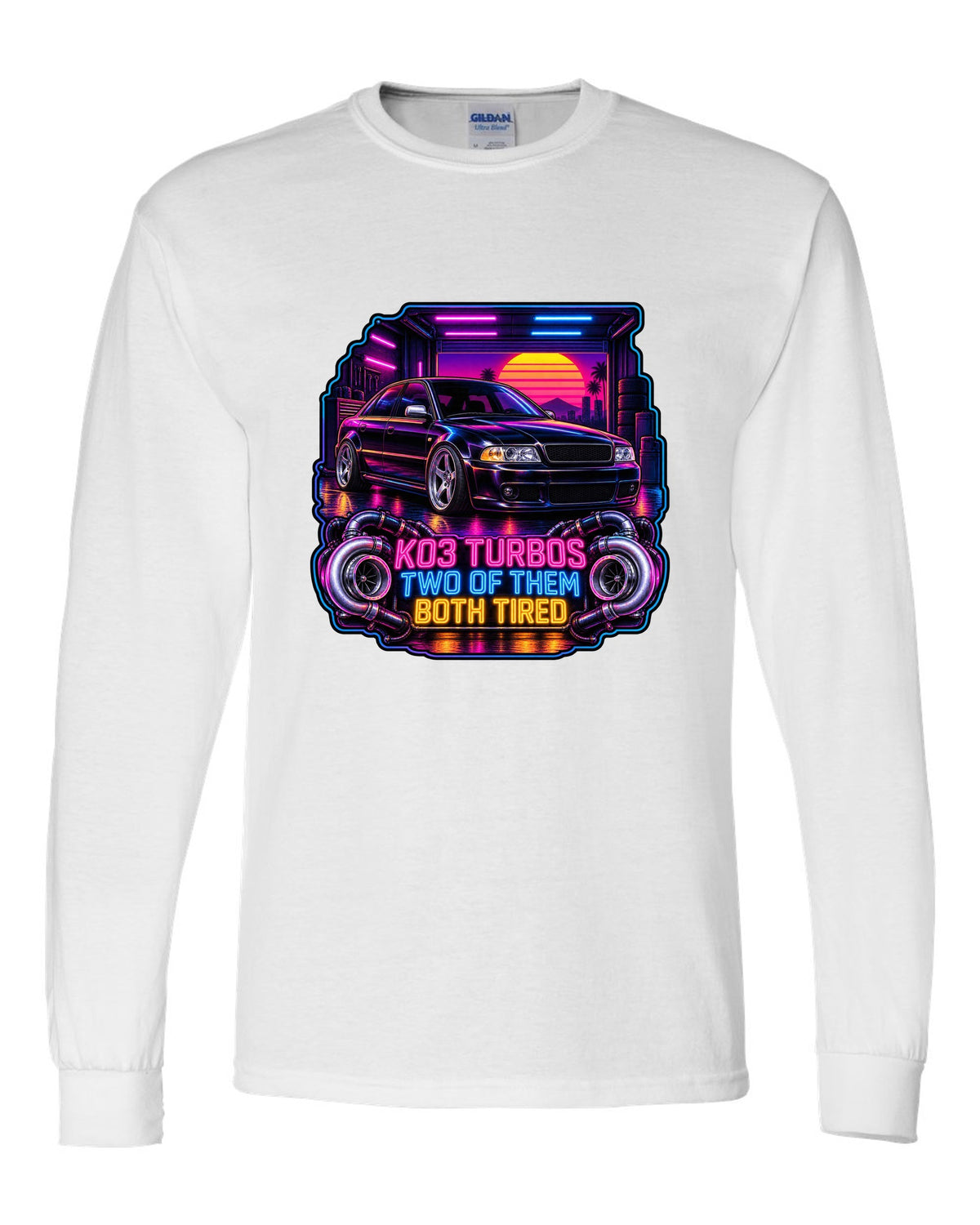 Synthwave print of an Audi S4 B5 sedan with K03 turbos text white long sleeve front view with the design