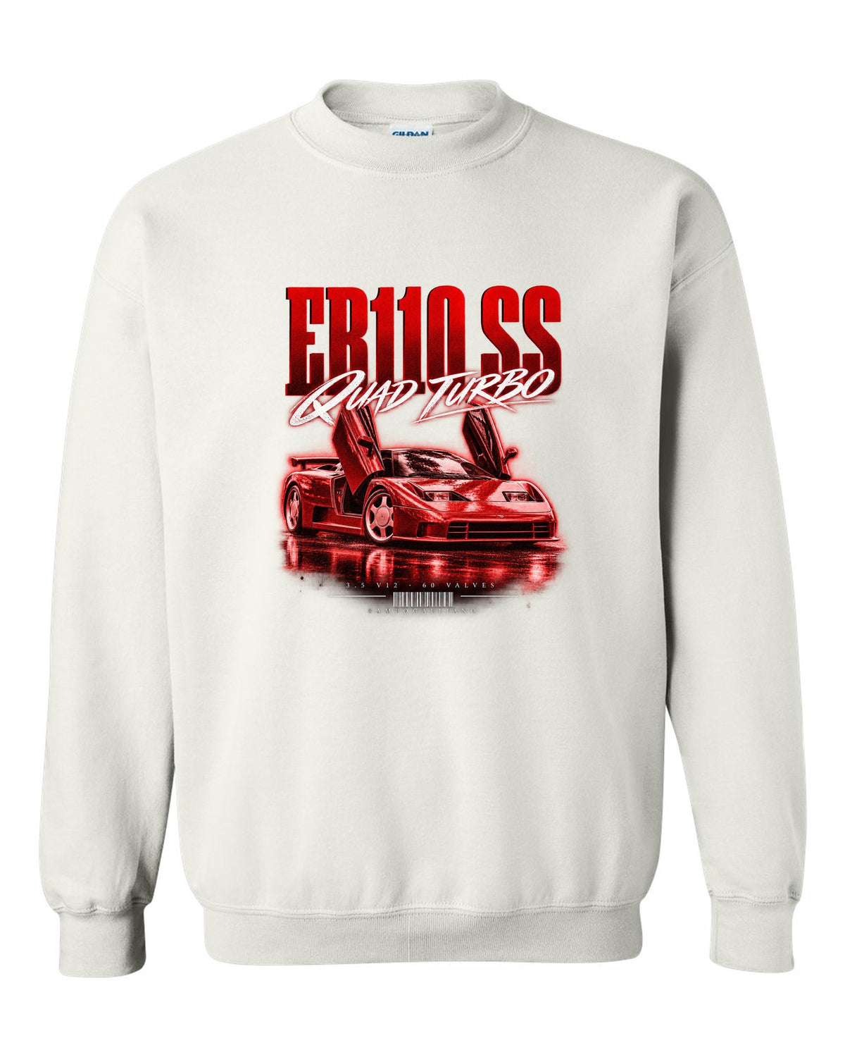 Bugatti EB110 SS 1992 street poster with quad turbo V12 text white crewneck front view with the design