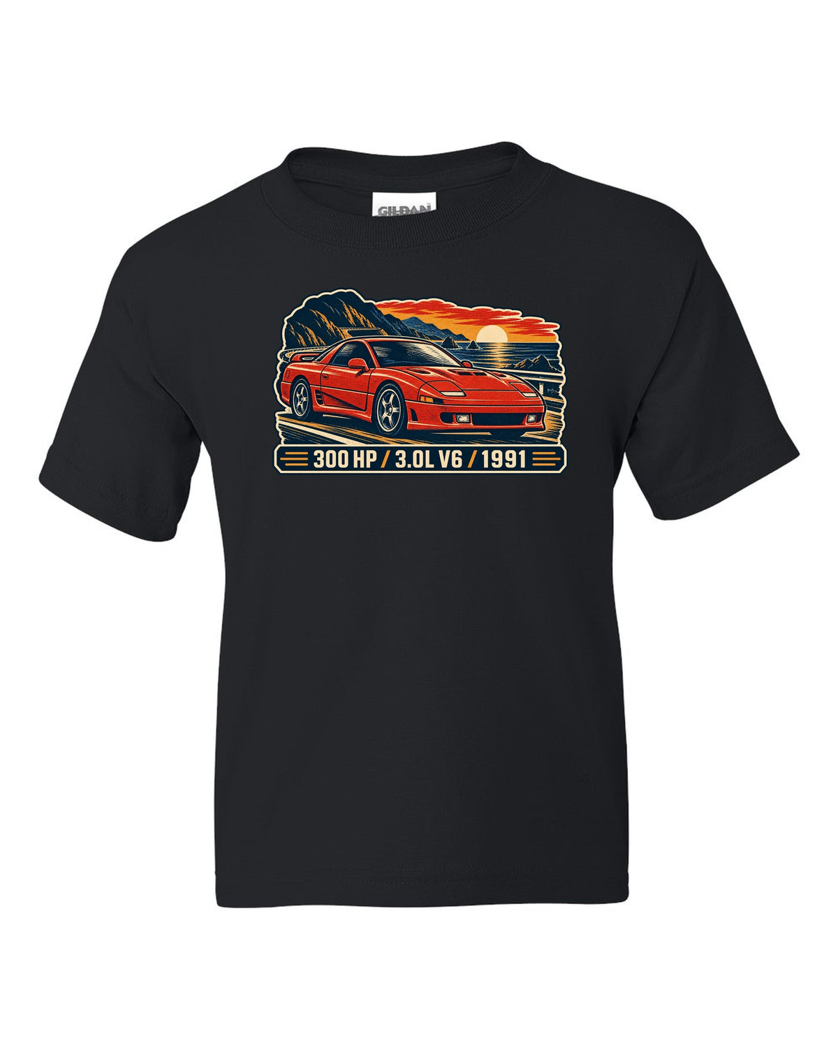 Linocut woodcut print of the Mitsubishi 3000GT VR-4 with 300 HP 3.0L V6 1991 text black kids tee front view with the design