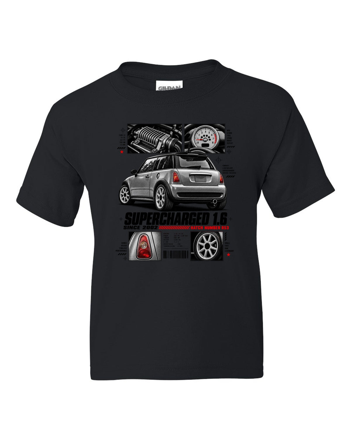 print of a Mini Cooper S R53 rear three-quarter view with detail panels and supercharged 1.6 text black kids tee front view with the design