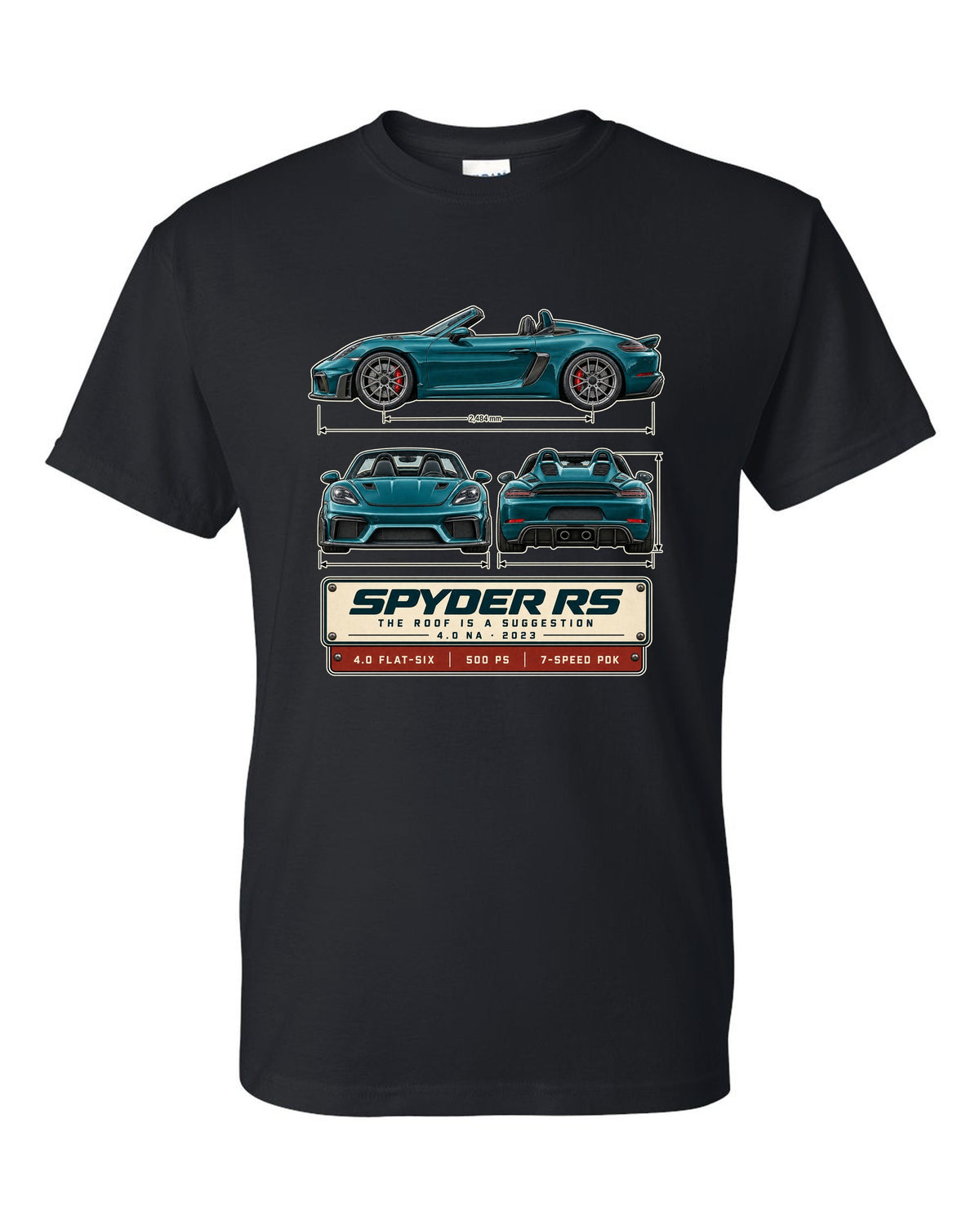 Three-view spec print of a Porsche 718 Spyder RS 982 black t-shirt front view with the design