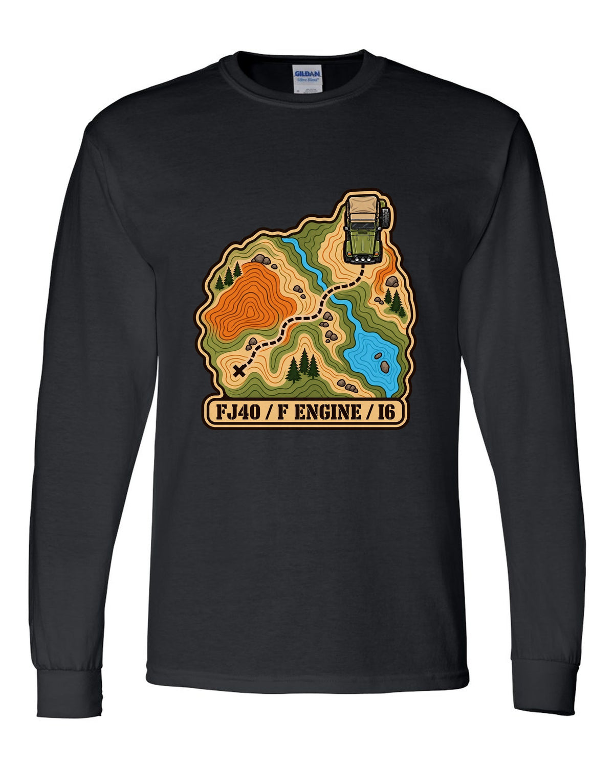 Topographic route map illustration of a Toyota Land Cruiser FJ40 with F engine I6 lettering black long sleeve front view with the design