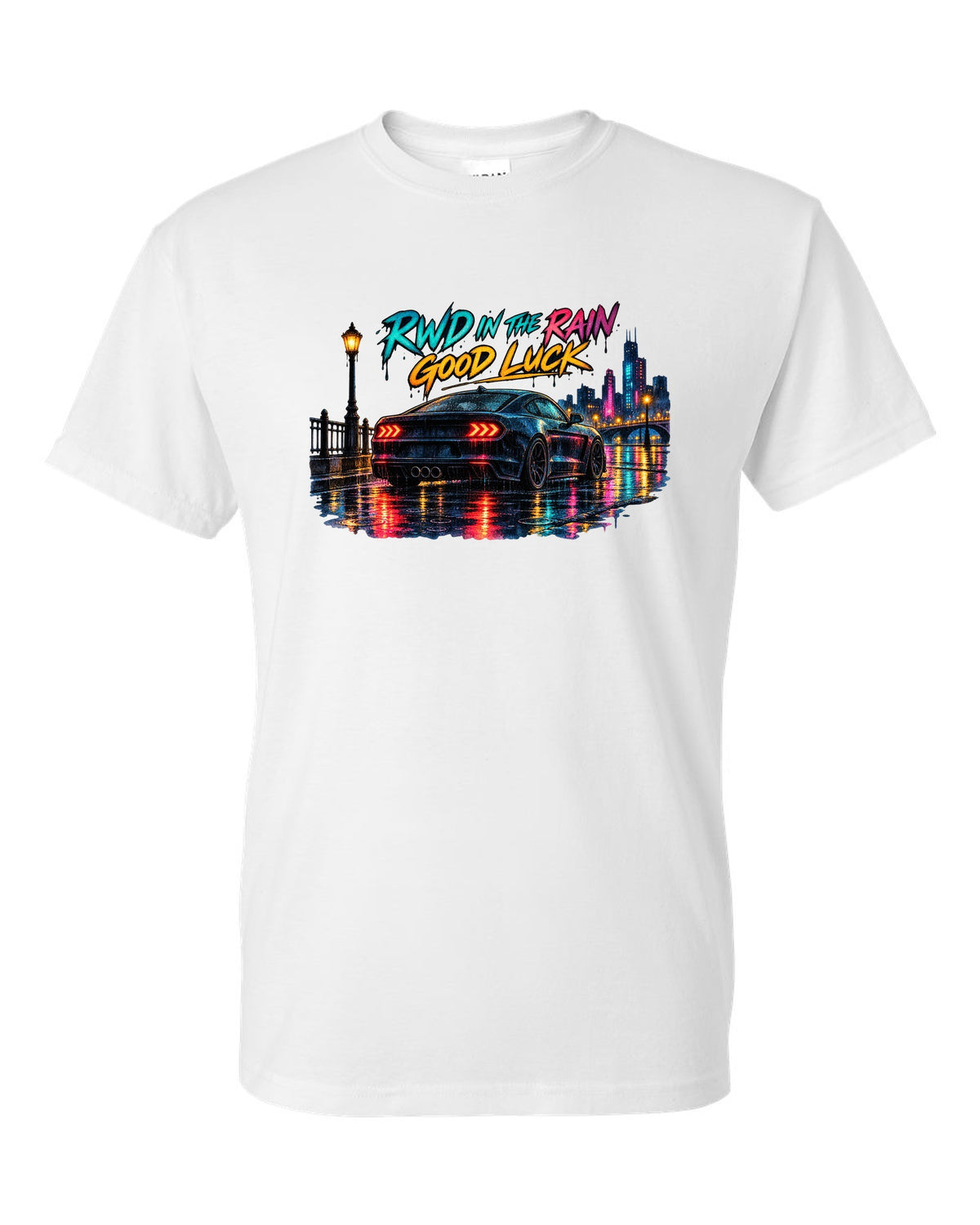 Hyundai Genesis Coupe BK2 watercolour wet road night print with RWD in the rain text white t-shirt front view with the design