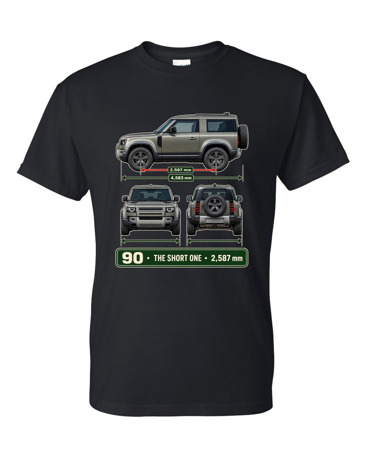 Three-view drawing with spec table print of the Land Rover Defender 90 L663 black t-shirt front view with the design