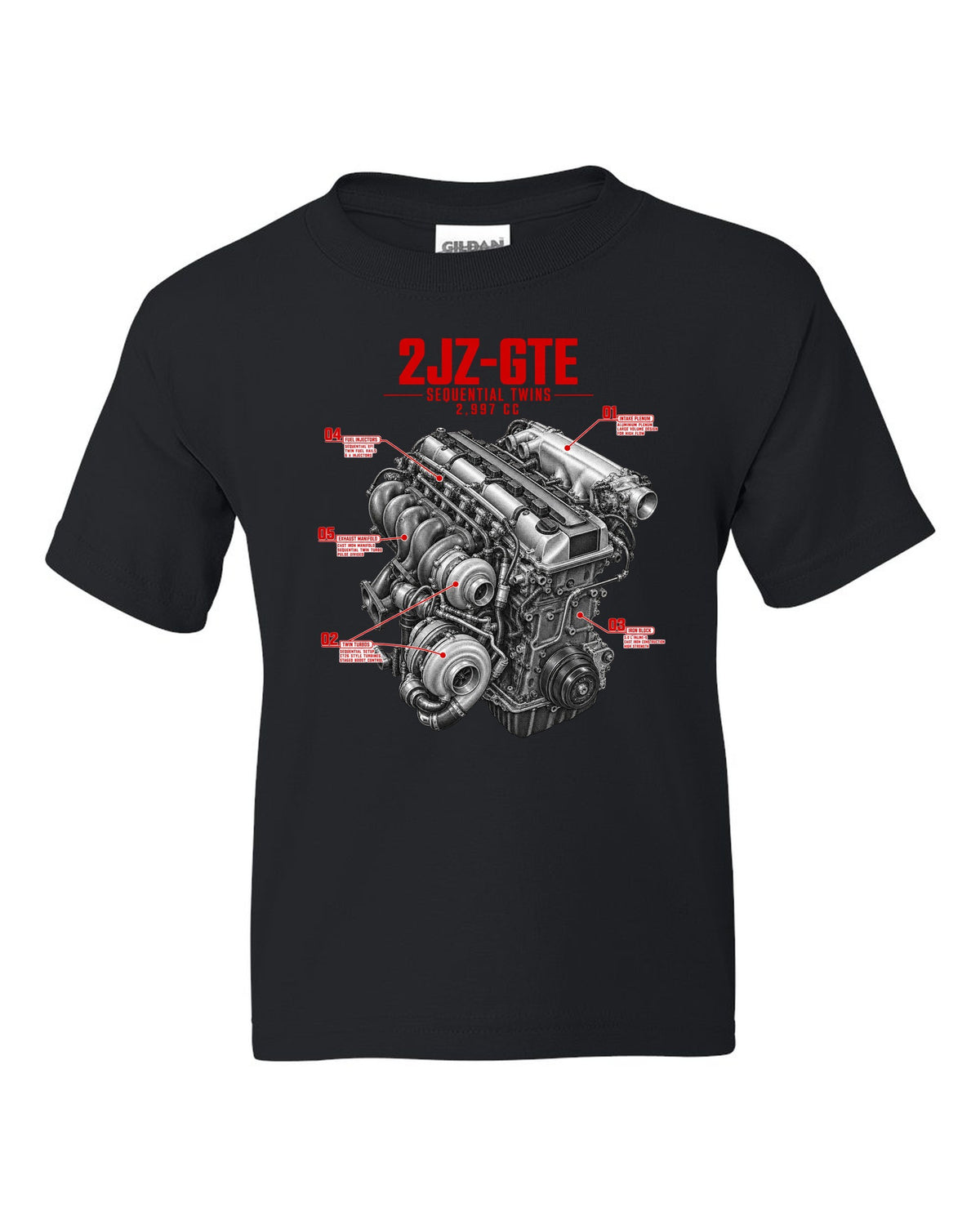 print of a Toyota Supra A80 2JZ-GTE engine with callouts for sequential twins and 2,997 cc black kids tee front view with the design