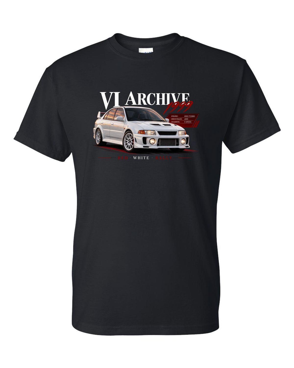 Archive panel print for the Mitsubishi Lancer Evolution VI CP9A listing 4G63 turbo, AWD, 5-speed, red white rally black t-shirt front view with the design