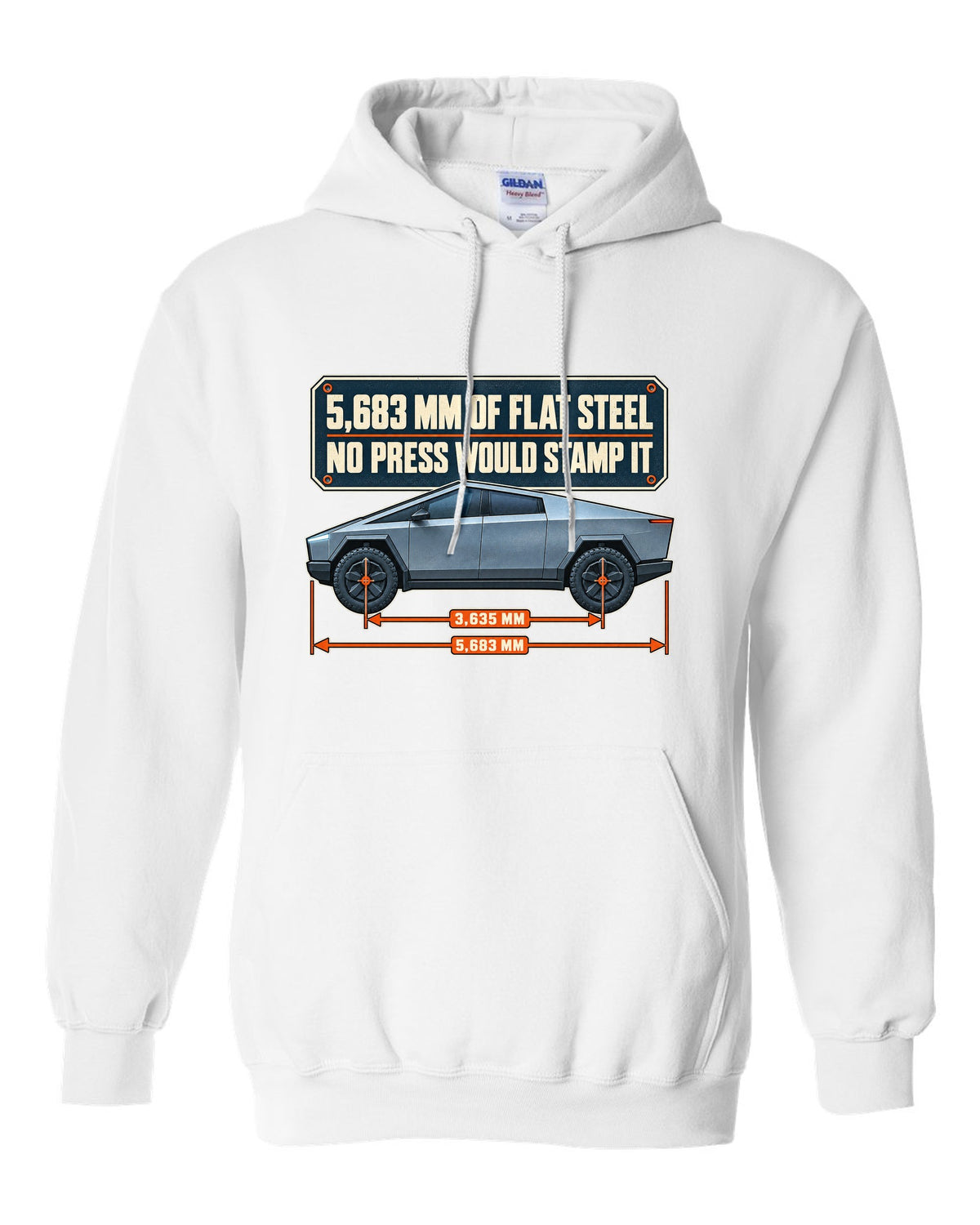 Dimension blueprint print of a Tesla Cybertruck with 5,683 mm length white pull over hoodie front view with the design