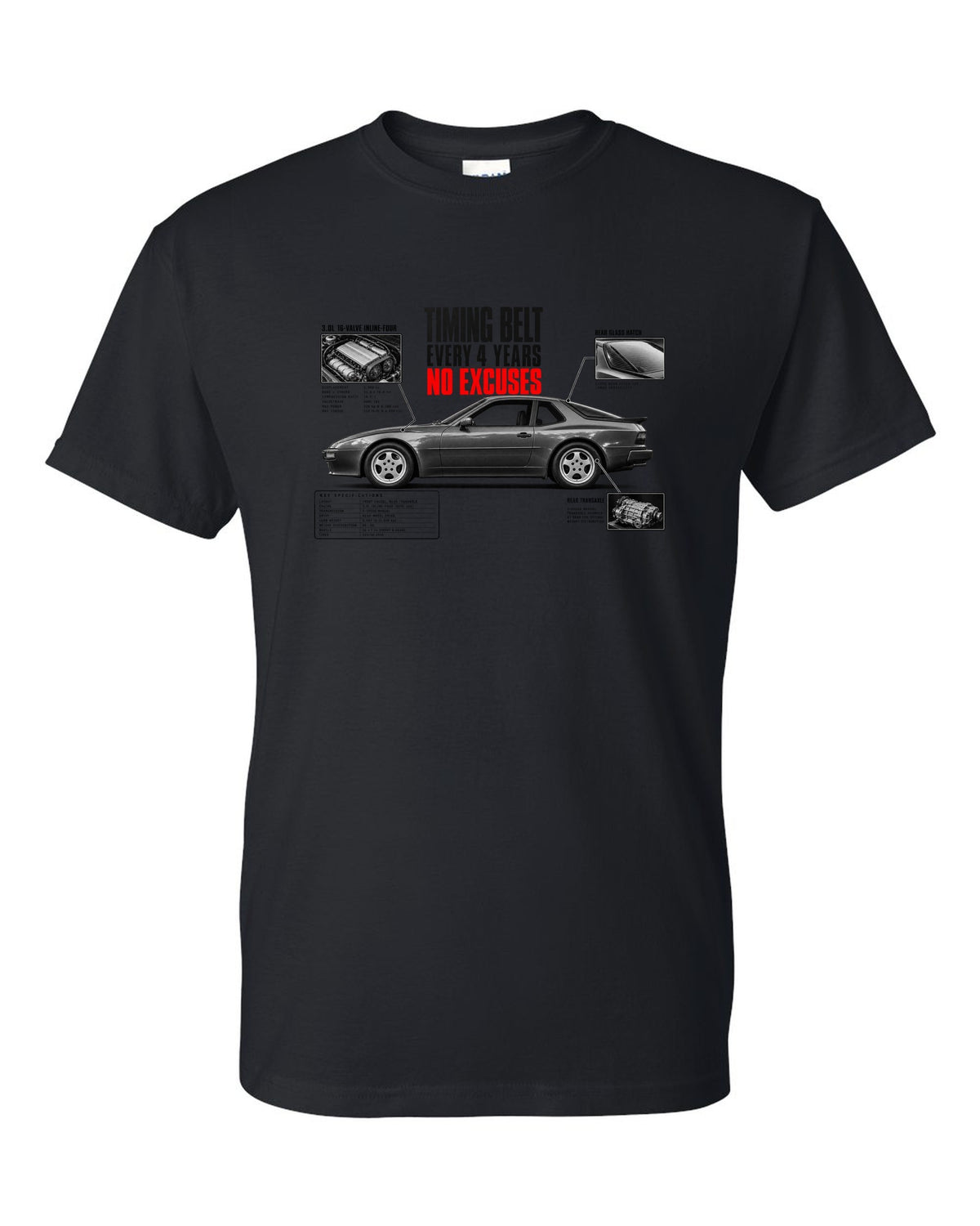 Spec poster print for a Porsche 944 S2 with a timing belt every 4 years caption black t-shirt front view with the design