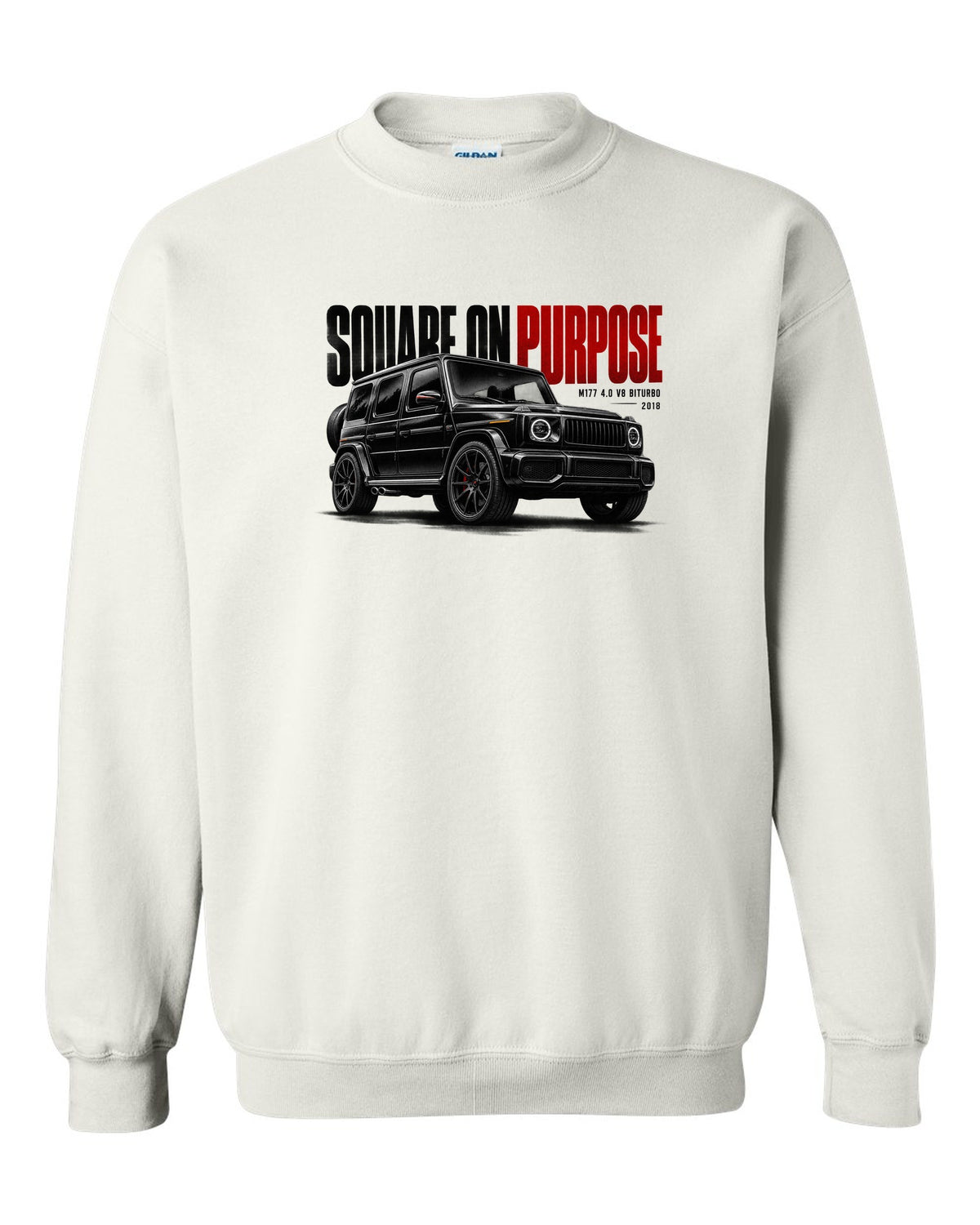 Halftone statement print of a Mercedes-AMG G63 W464 with Square On Purpose lettering white crewneck front view with the design