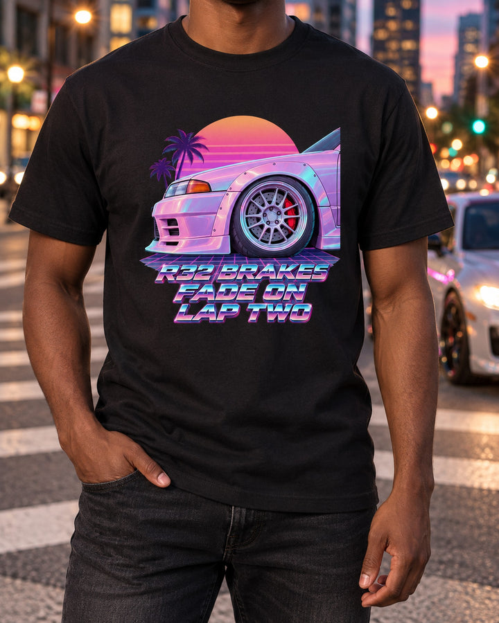 Nissan Skyline GT-R R32 BNR32 Brake Fade Vaporwave Shirt T-Shirt Black worn hero