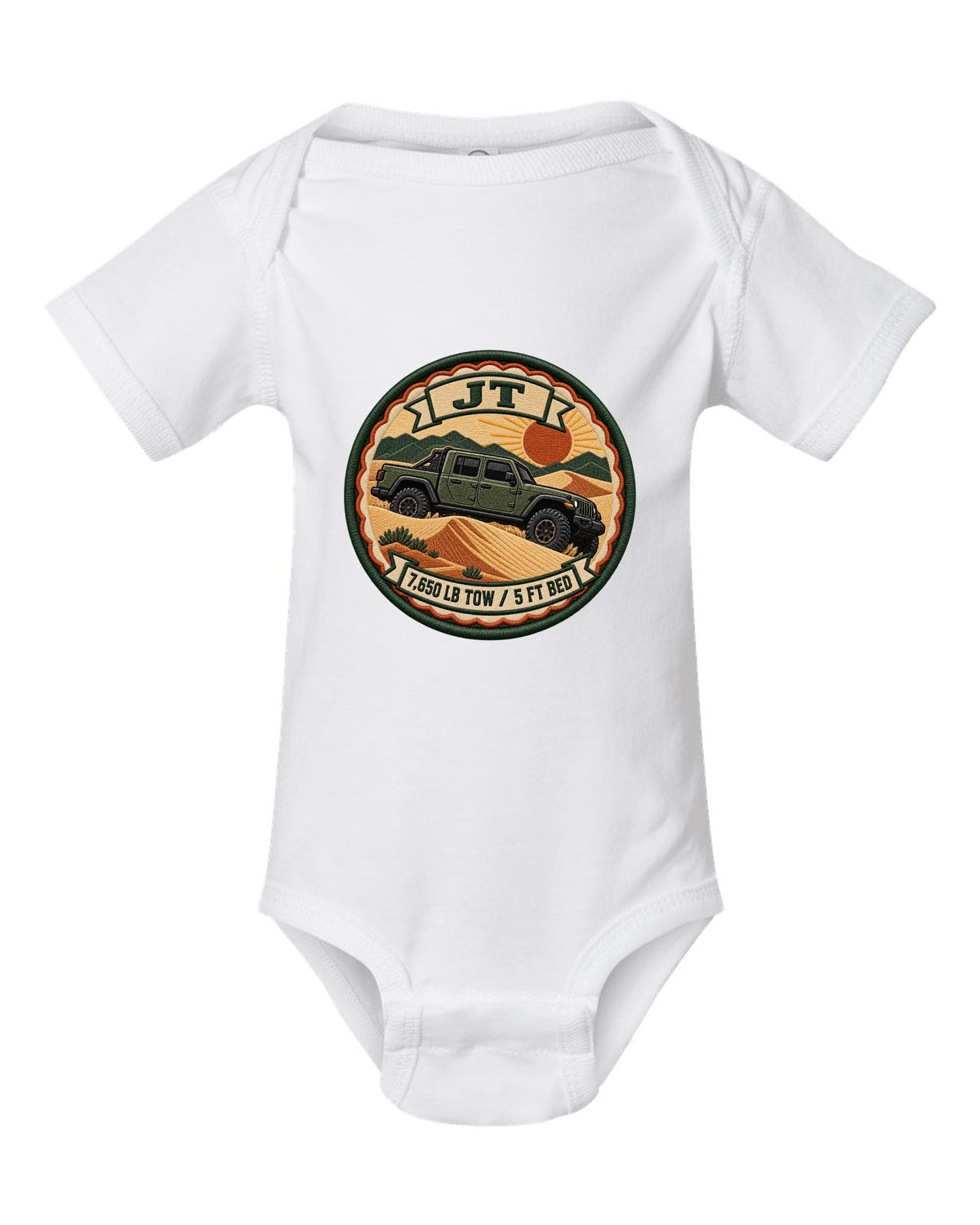Embroidery-style varsity crest print of a Jeep Gladiator JT with tow rating text white baby onesie front view with the design