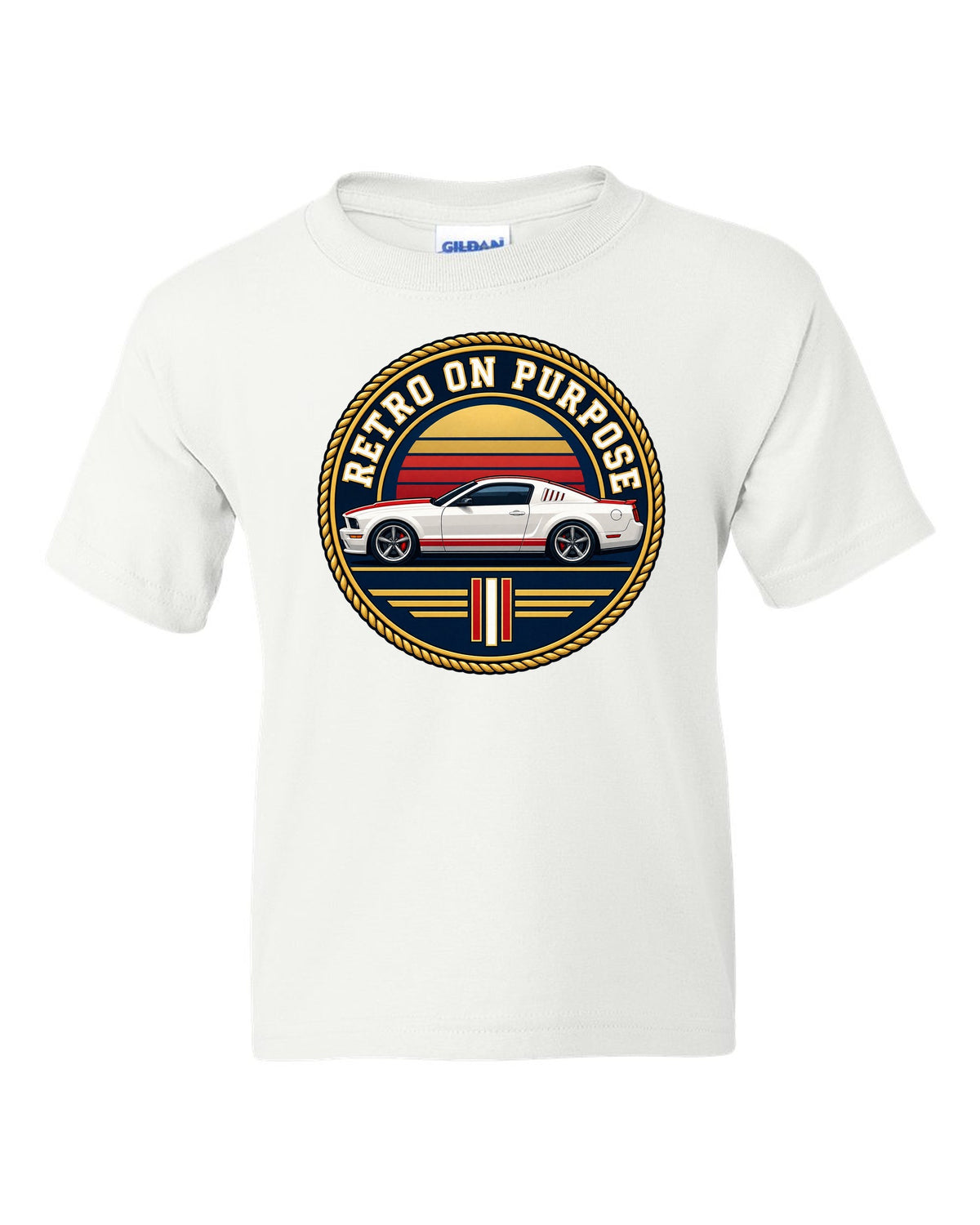Varsity crest of a 2005-2014 S197 Ford Mustang fastback with Retro on purpose text white kids tee front view with the design