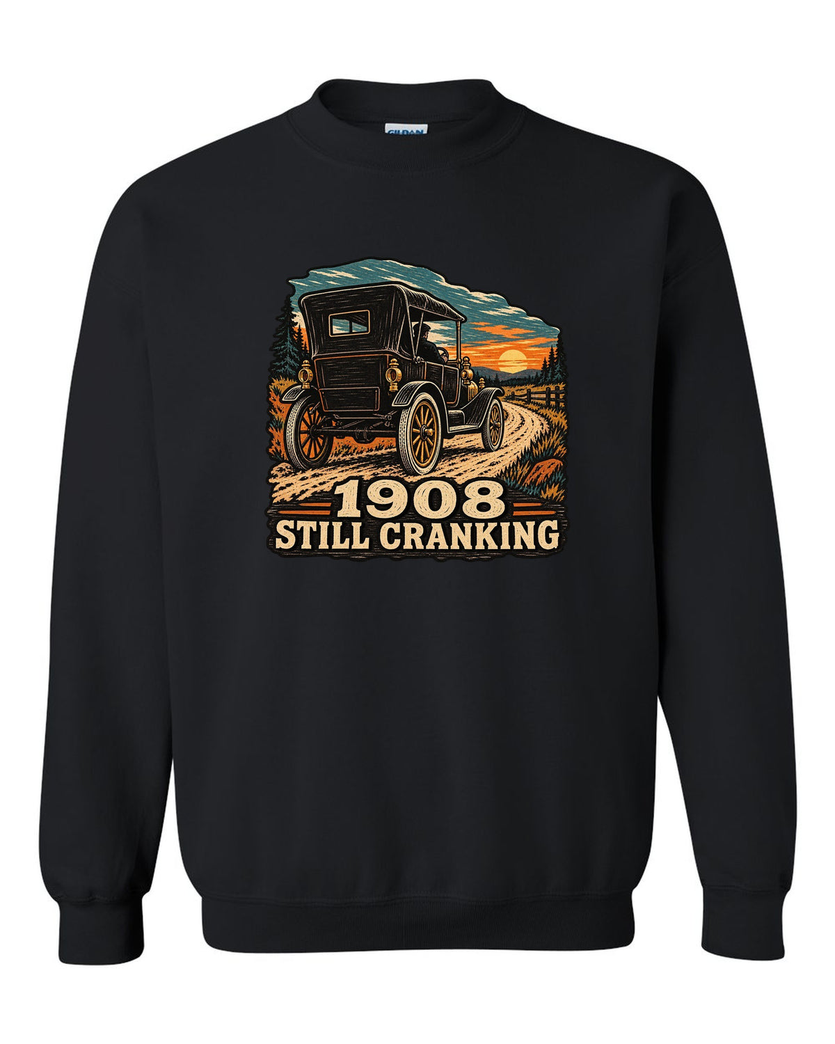 Multi-colour woodcut illustration of a Ford Model T Tin Lizzie with 1908 still cranking text black crewneck front view with the design
