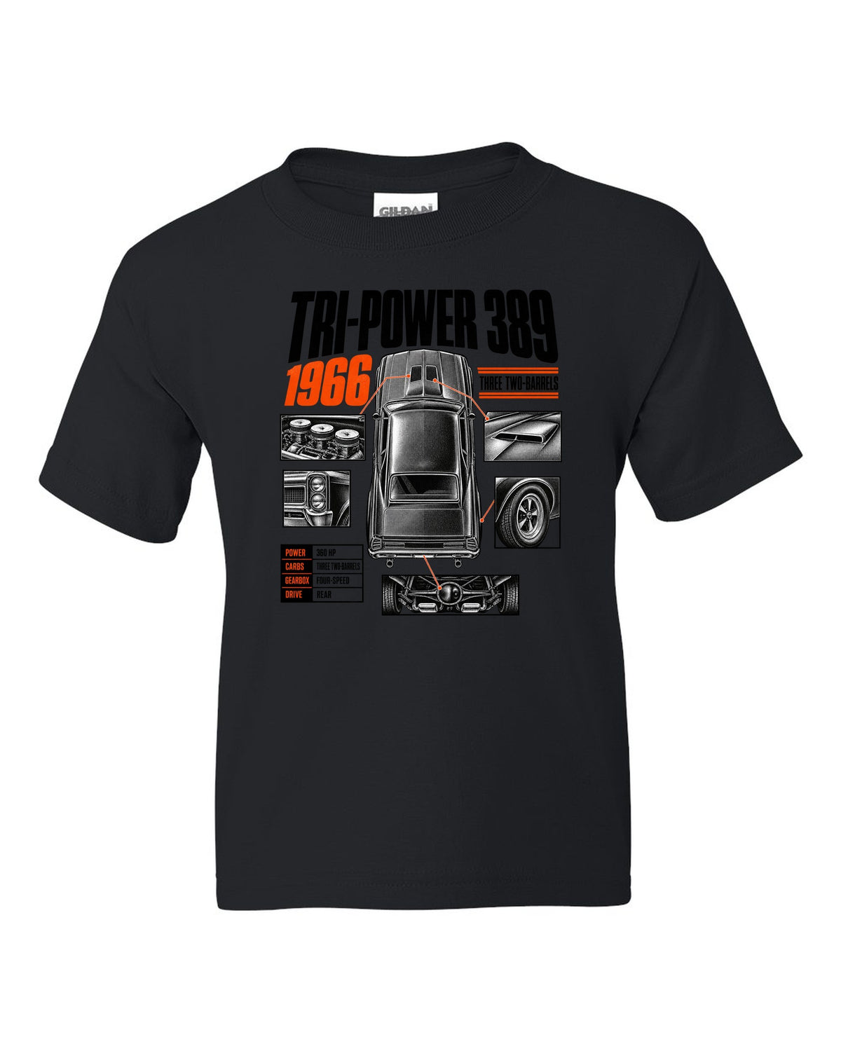 print spec poster of a 1966 Pontiac GTO with Tri-Power 389 lettering black kids tee front view with the design