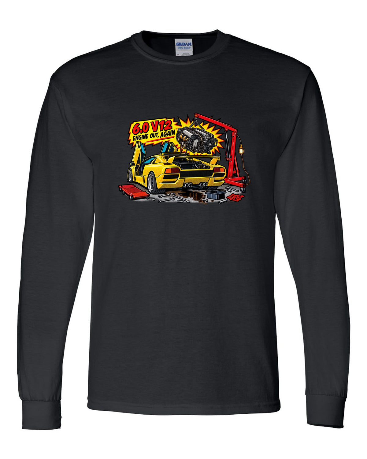 Comic halftone pop-art Lamborghini Diablo GT in a workshop with 6.0 V12 engine out again lettering black long sleeve front view with the design