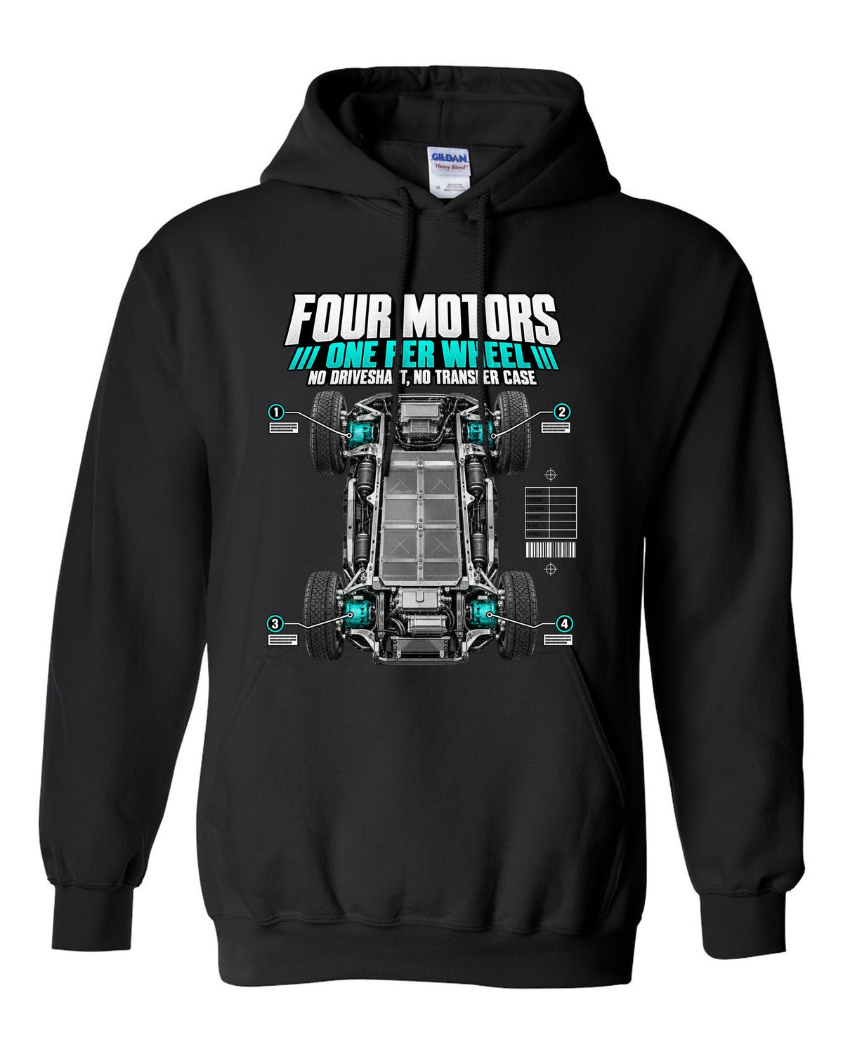 Rivian R1T Quad Motor 2022 layout with four motors, one per wheel, no driveshaft and no transfer case black pull over hoodie front view with the design