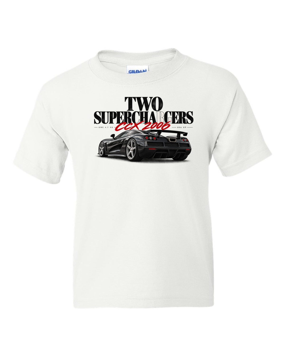 Koenigsegg CCX 2006 editorial headline with two superchargers white kids tee front view with the design