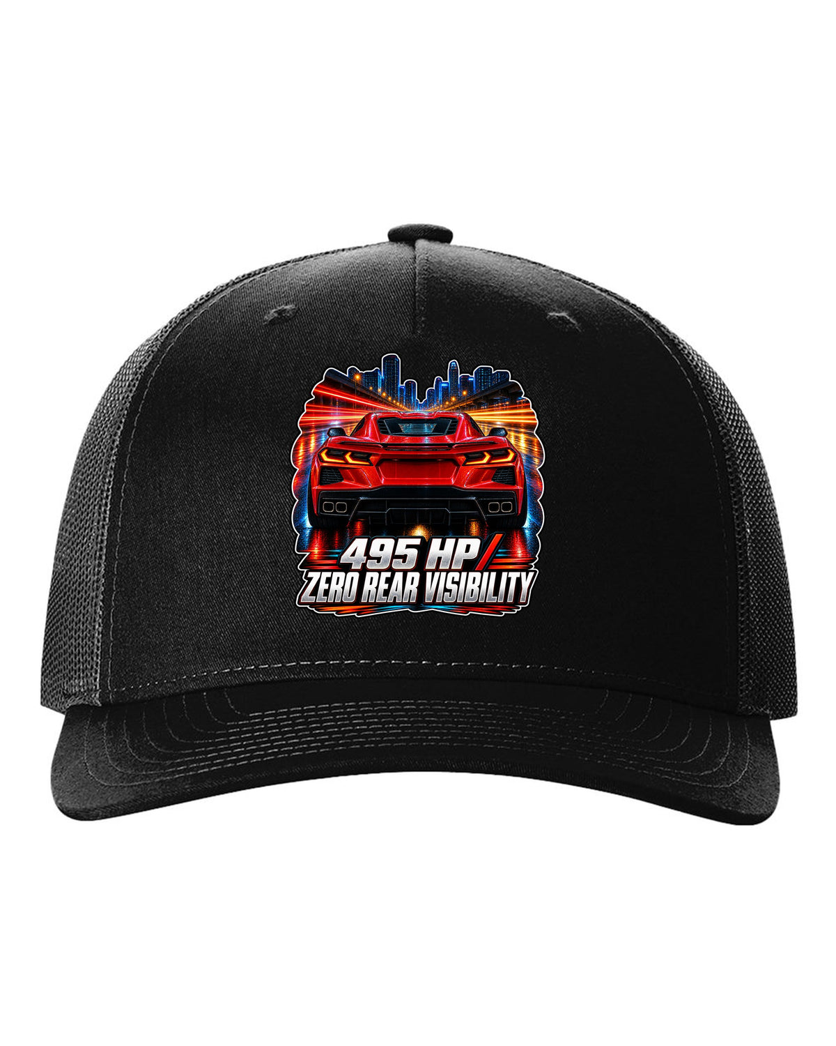 Long-exposure night poster print of a 2020 Chevrolet Corvette C8 Stingray with 495 HP zero rear visibility lettering black hat front view with the design