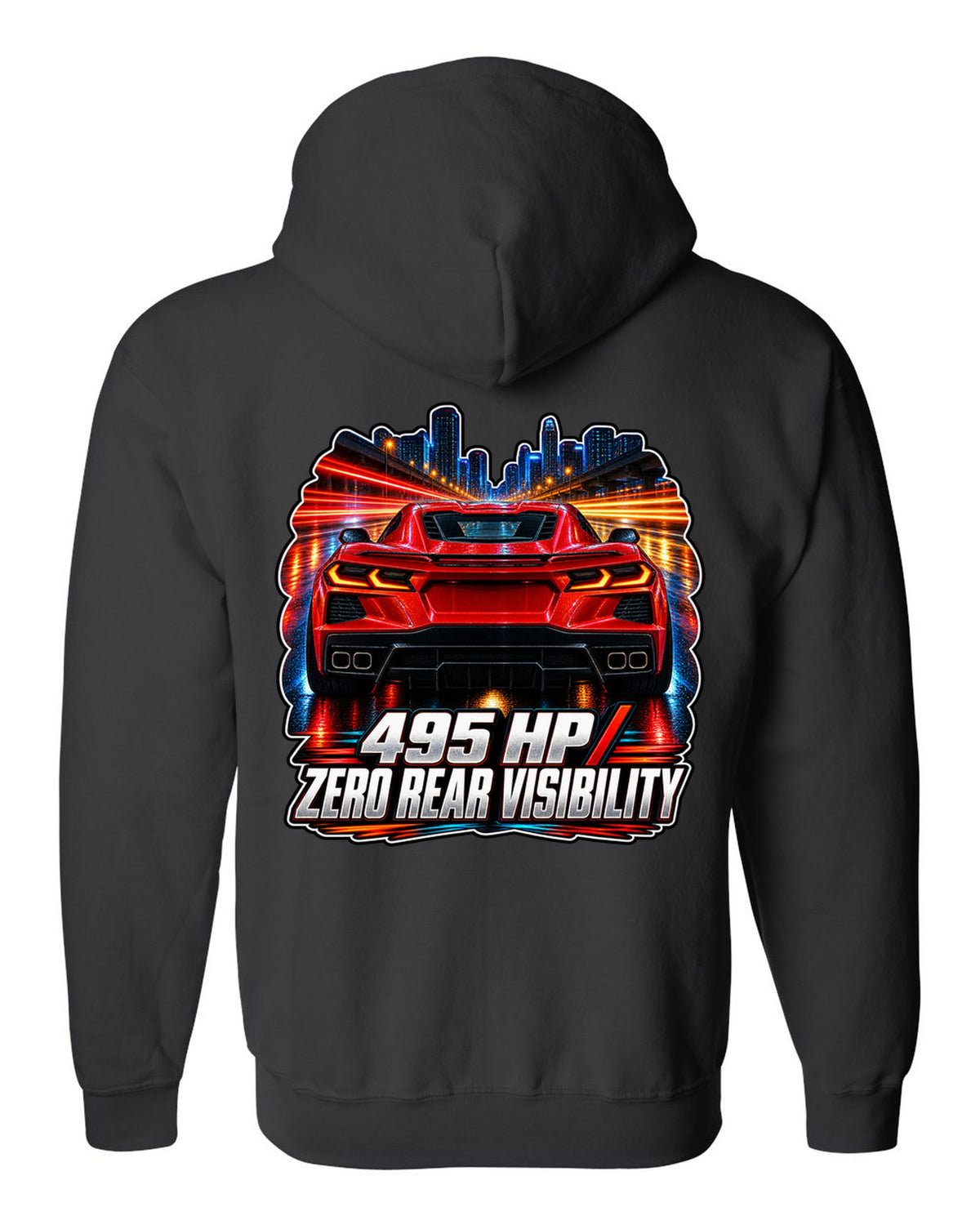Long-exposure night poster print of a 2020 Chevrolet Corvette C8 Stingray with 495 HP zero rear visibility lettering black zip hoodie back view with the design