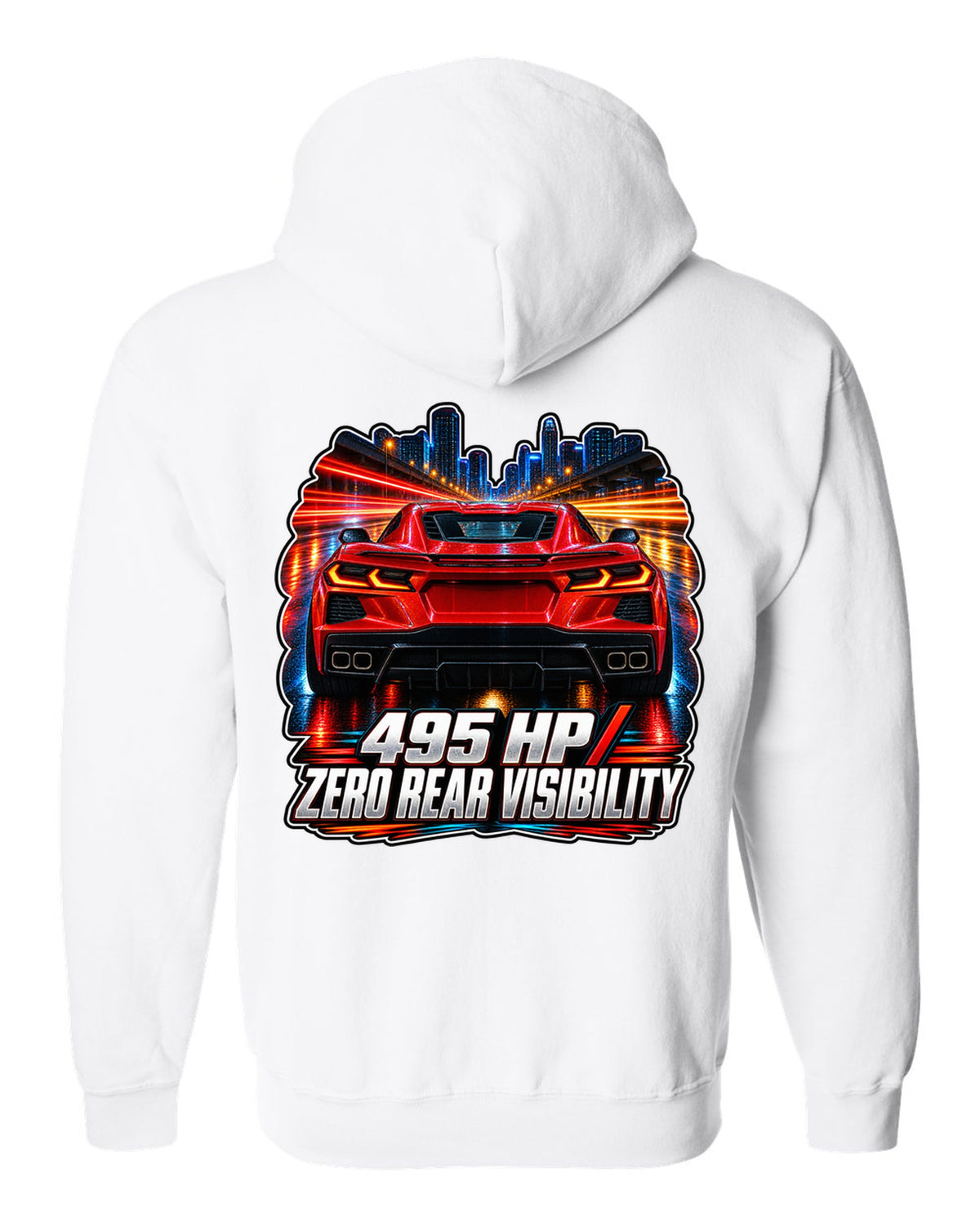 Long-exposure night poster print of a 2020 Chevrolet Corvette C8 Stingray with 495 HP zero rear visibility lettering white zip hoodie back view with the design