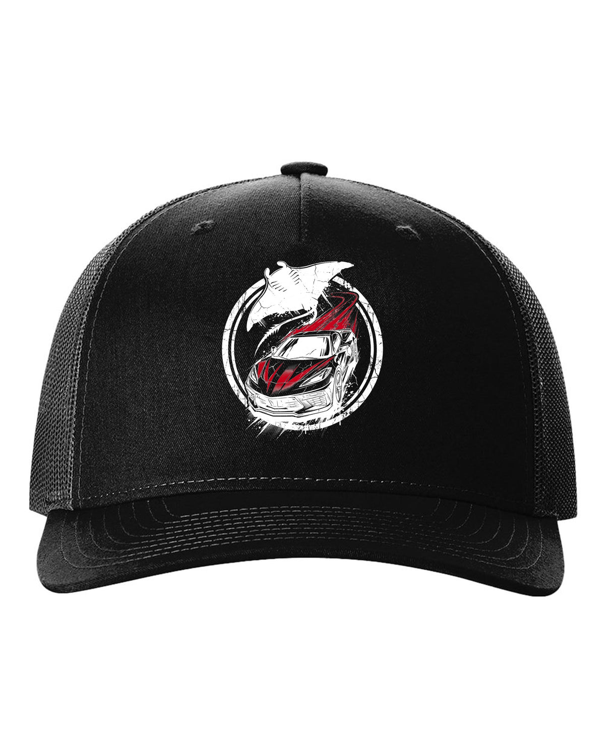 C8 Corvette Manta black trucker hat front view with the design