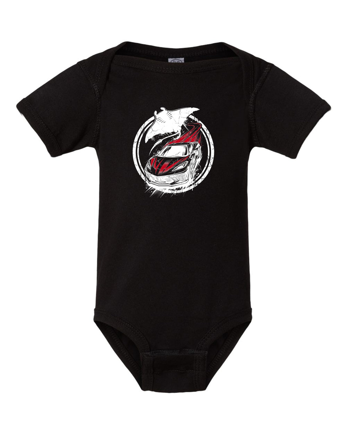 C8 Corvette Manta black baby onesie front view with the design